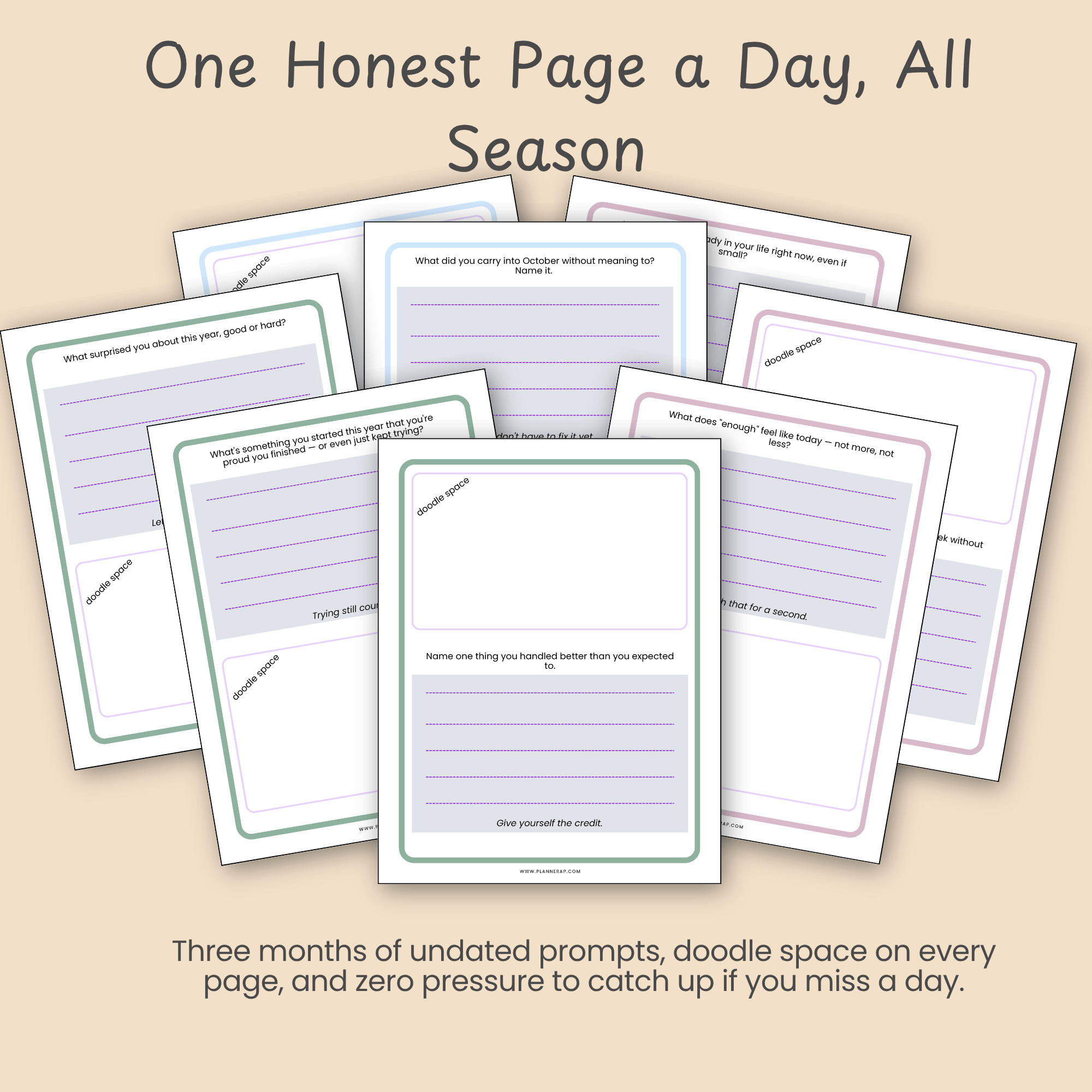 One Honest Page a Day, All Season: Overview of the three-month prompt bundle and doodle-space format.