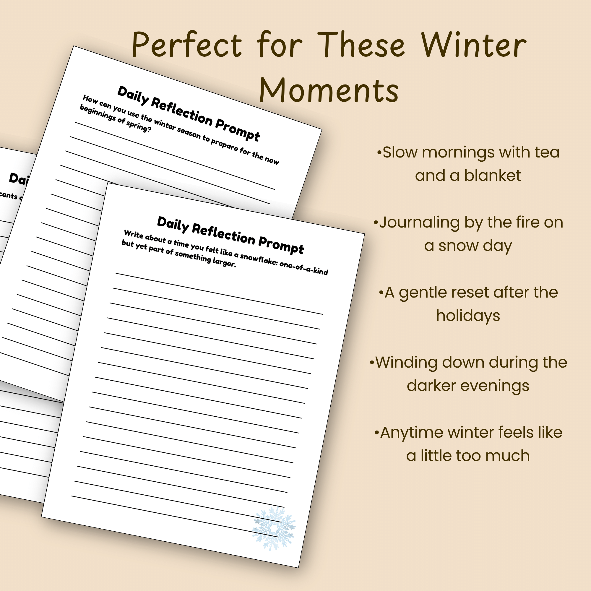 Mockup slide listing winter moments the journal fits, including slow mornings, snow-day journaling, and quiet evenings.