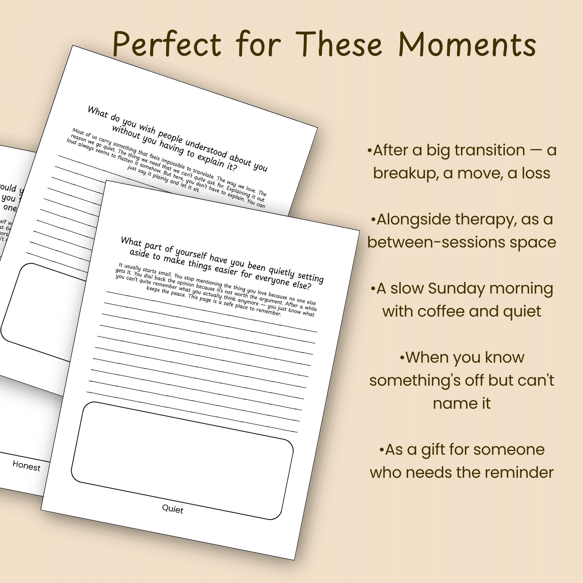 Mockup pages on a soft blue background beside a bulleted list of moments this journal fits, under the heading Perfect for These Moments.