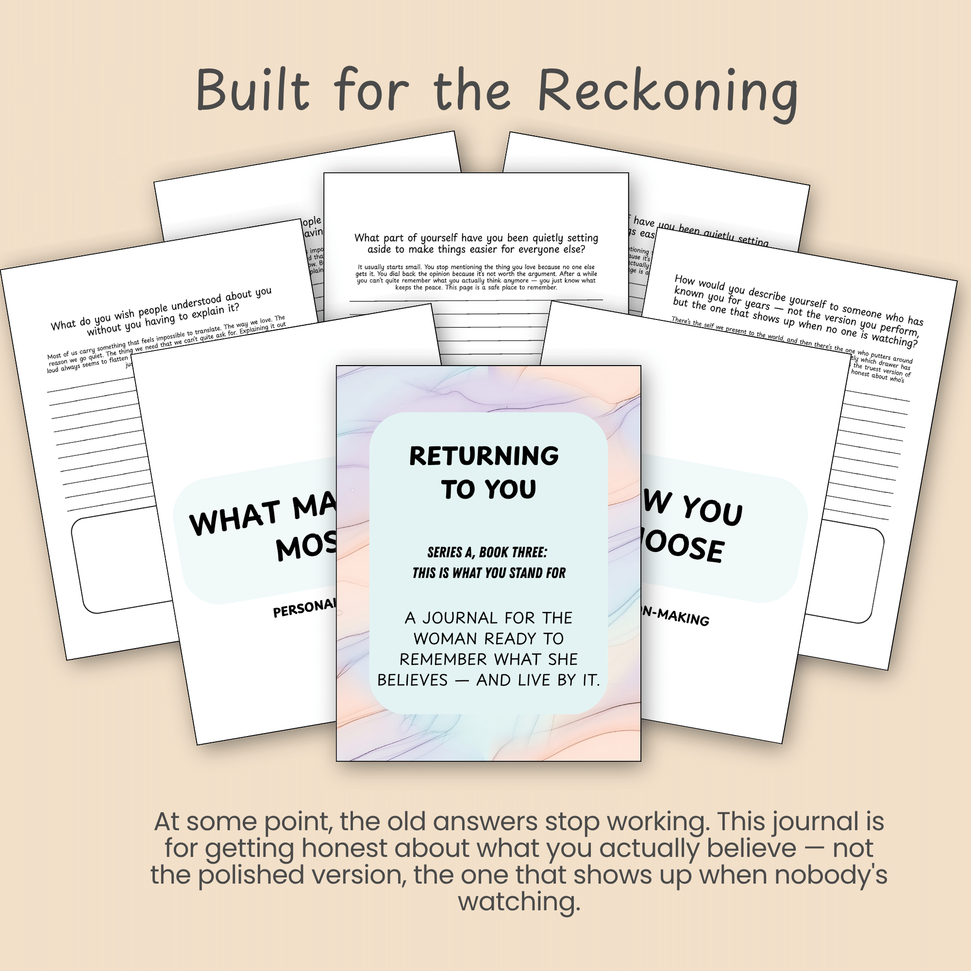 Several journal page mockups fanned out beneath the heading Built for the Reckoning, with copy about getting honest about what you actually believe.