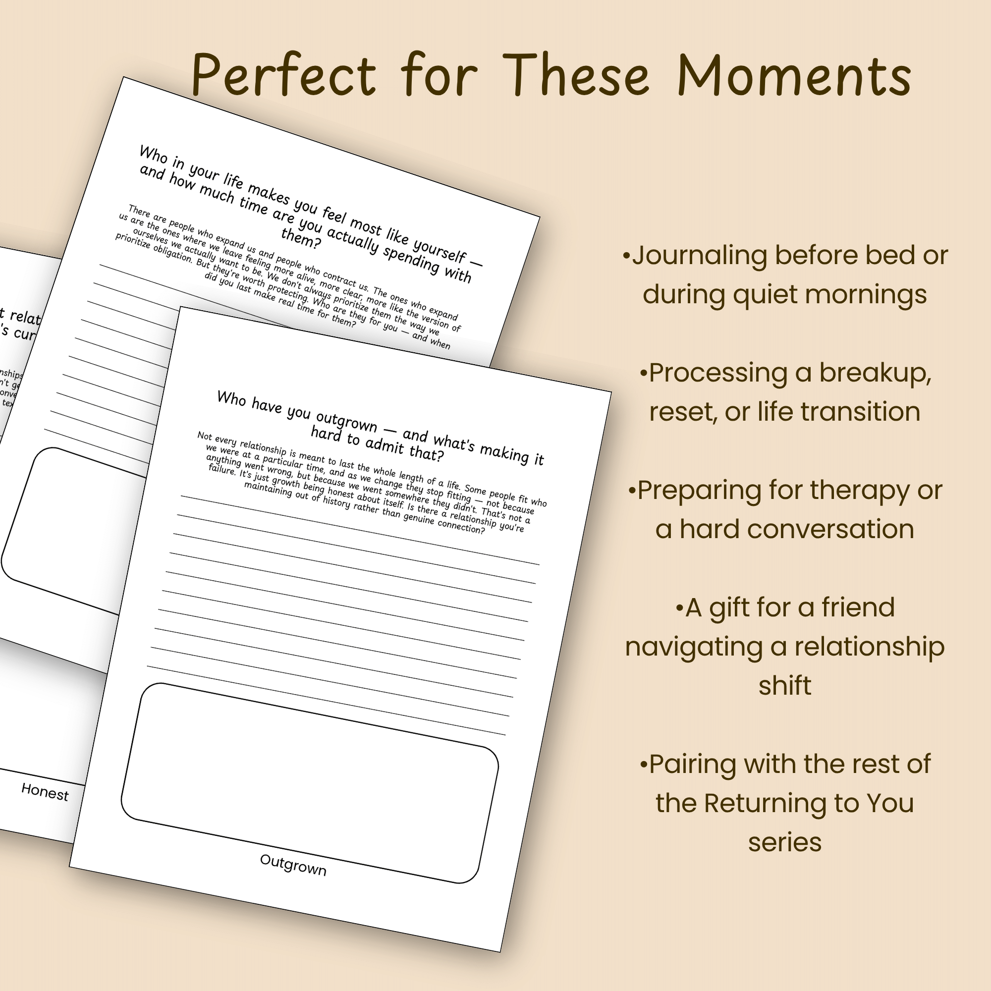 Journal page mockups beside a bulleted list of moments this journal fits, under the heading Perfect for These Moments.