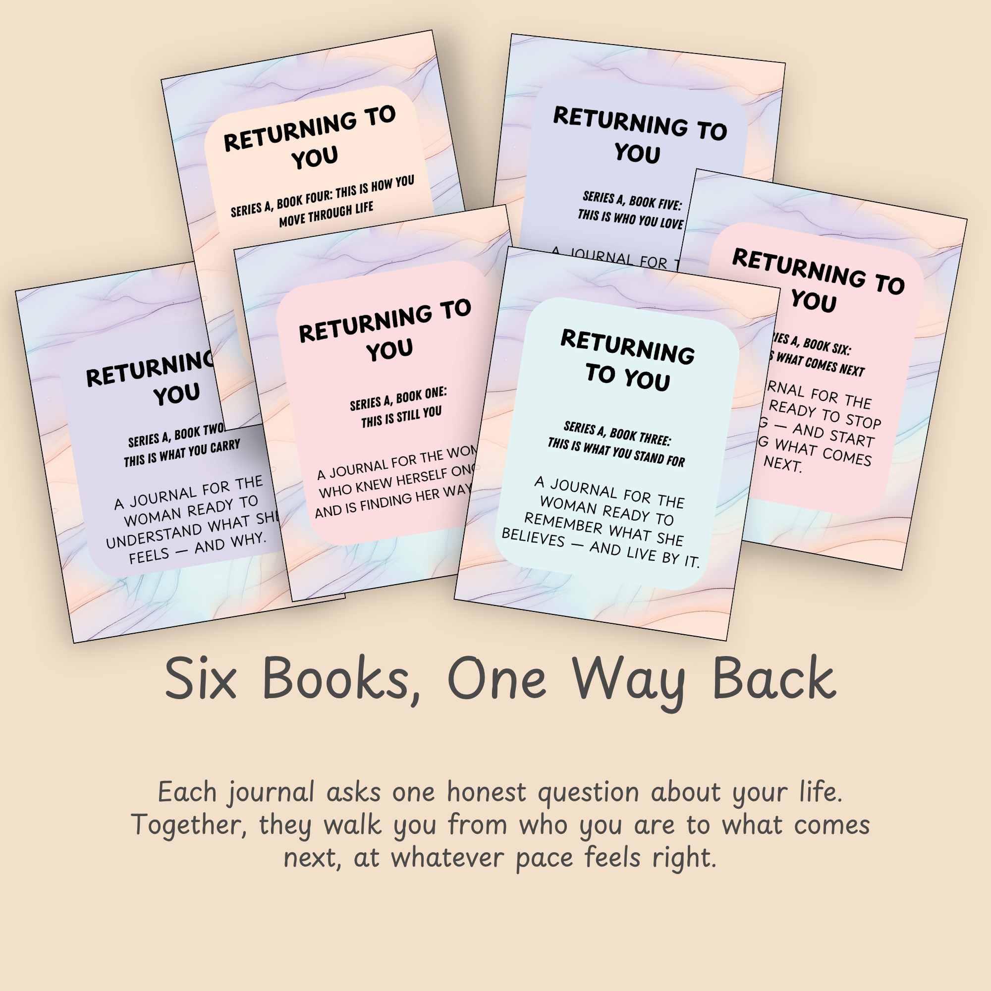 The covers of the six Returning to You self-discovery journals arranged together above a short description of the series.