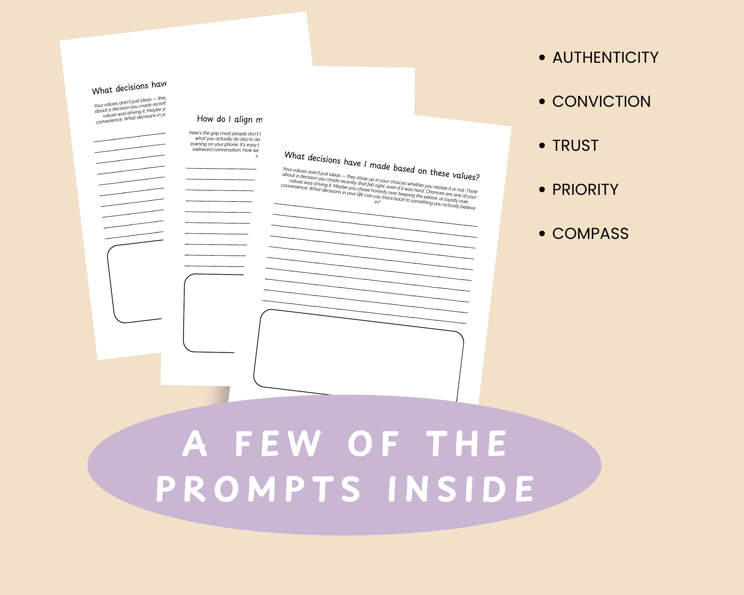 "A Few of the Prompts Inside" slide listing five example prompt topics from the journal (authenticity, conviction, trust, priority, compass).
