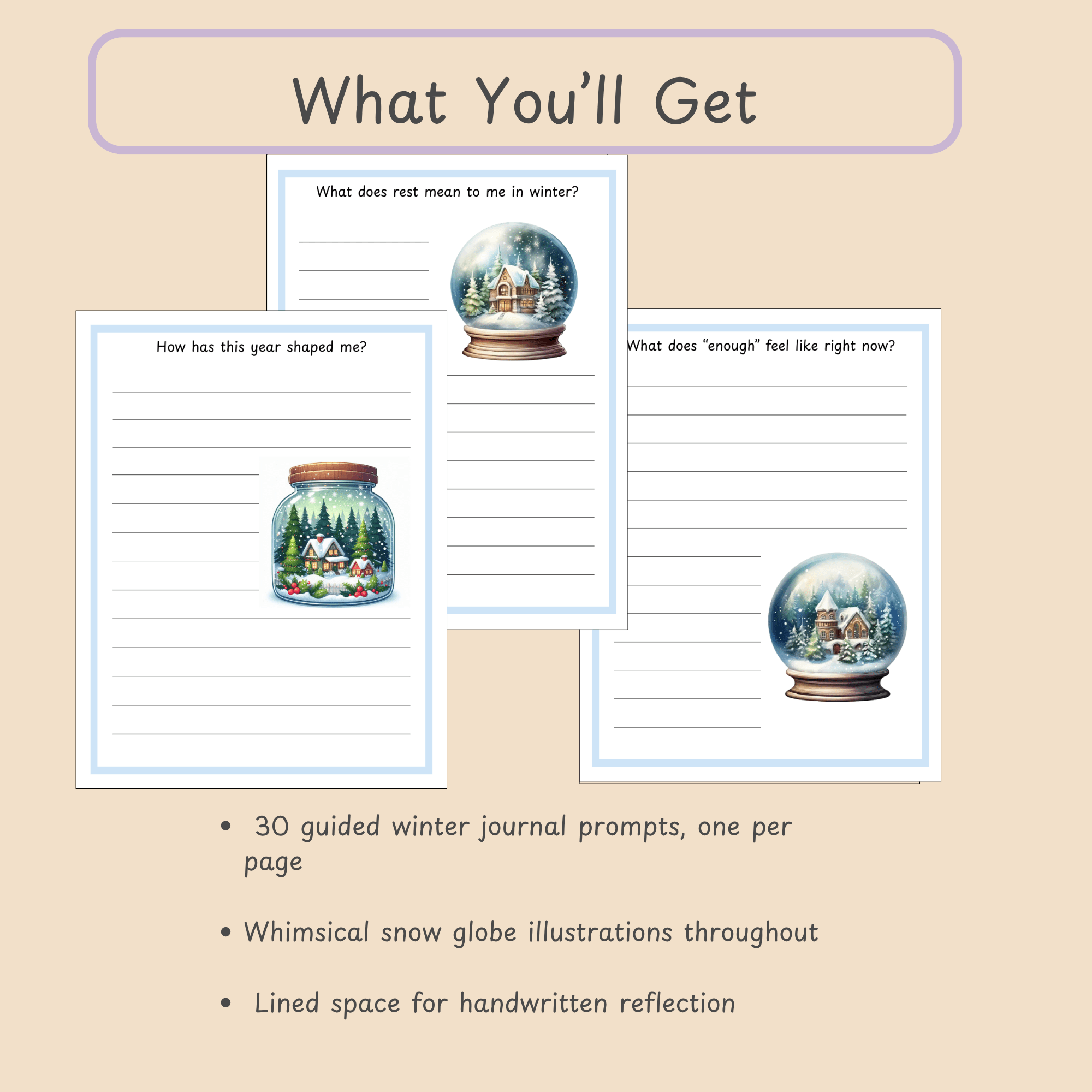 What You'll Get: Overview listing the 30 guided prompts, snow globe illustrations, and lined reflection space.