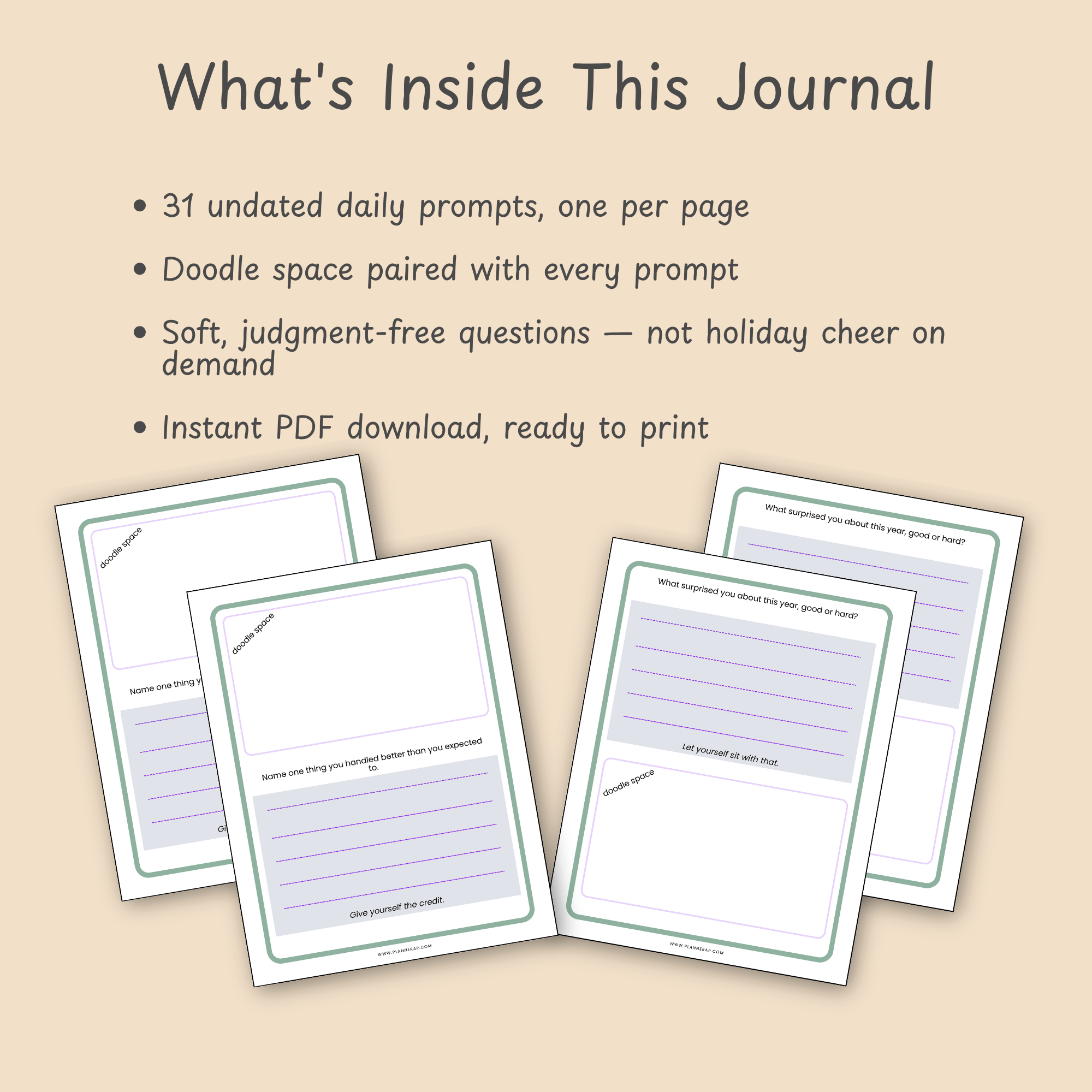 What's Inside This Journal: Feature list — 31 undated prompts, doodle space per page, judgment-free questions, instant PDF download.