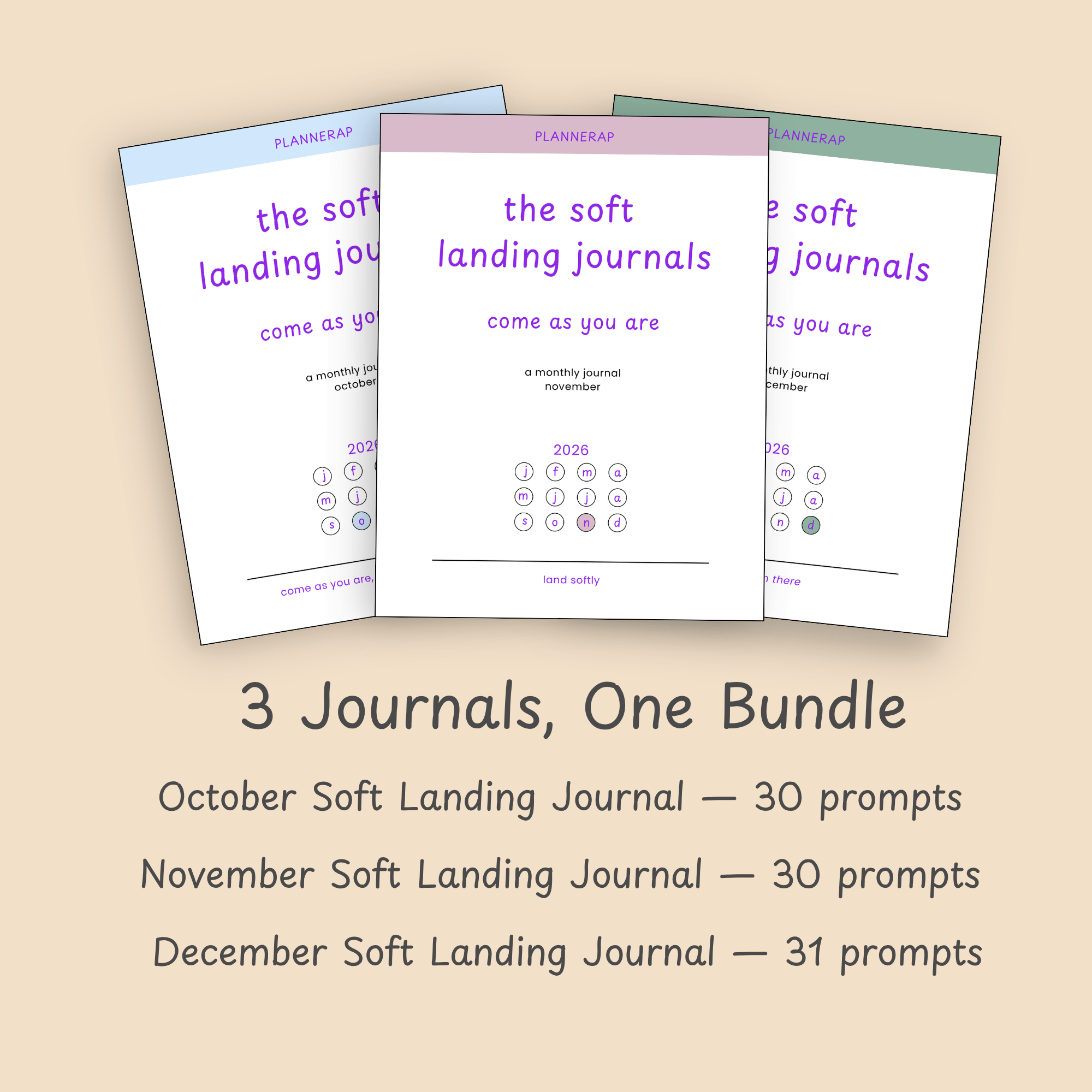 3 Journals, One Bundle: Lists the October, November, and December journals with each one's prompt count