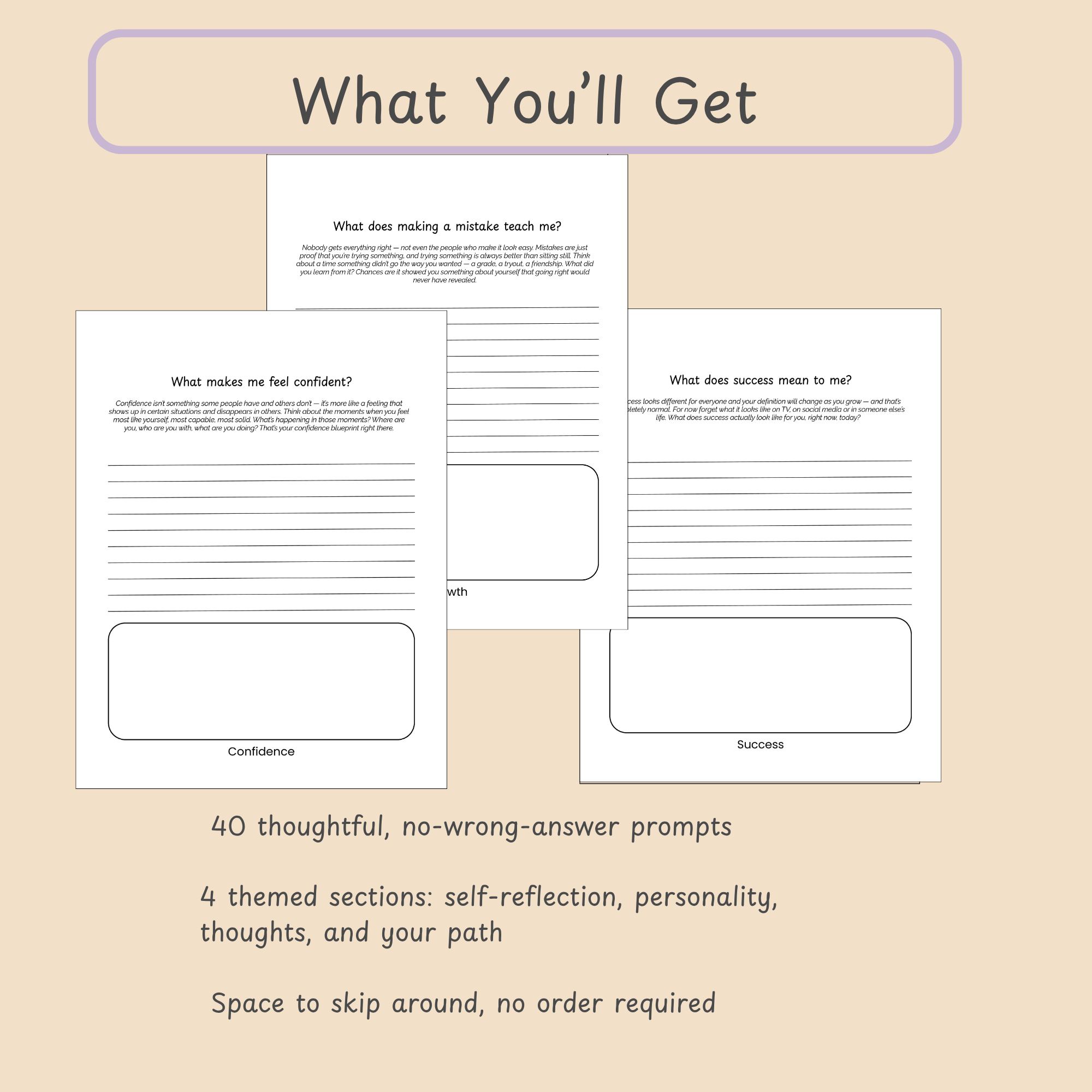 Feature slide listing what's included in the self-discovery journal for teens: 40 prompts across four themed sections.