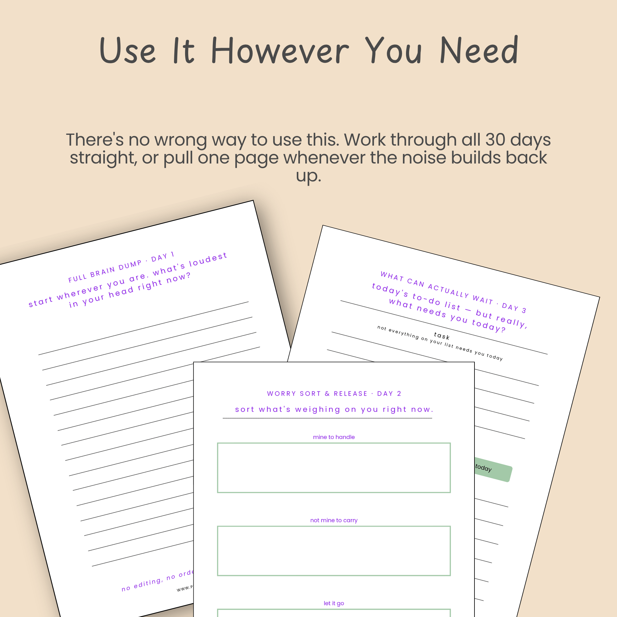 Slide explaining flexible ways to use the 30 day printable reset workbook, in keeping with PlannerAP's no shame planning approach.