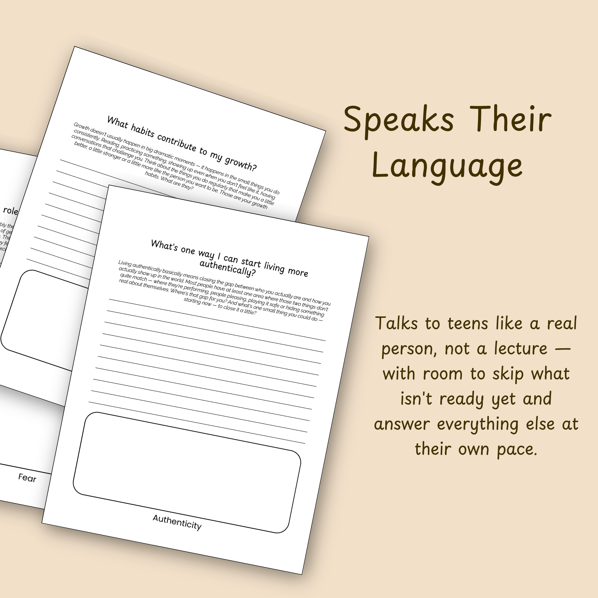 Feature slide describing the series' warm, judgment-free tone that speaks to teens like a real person, not a lecture.