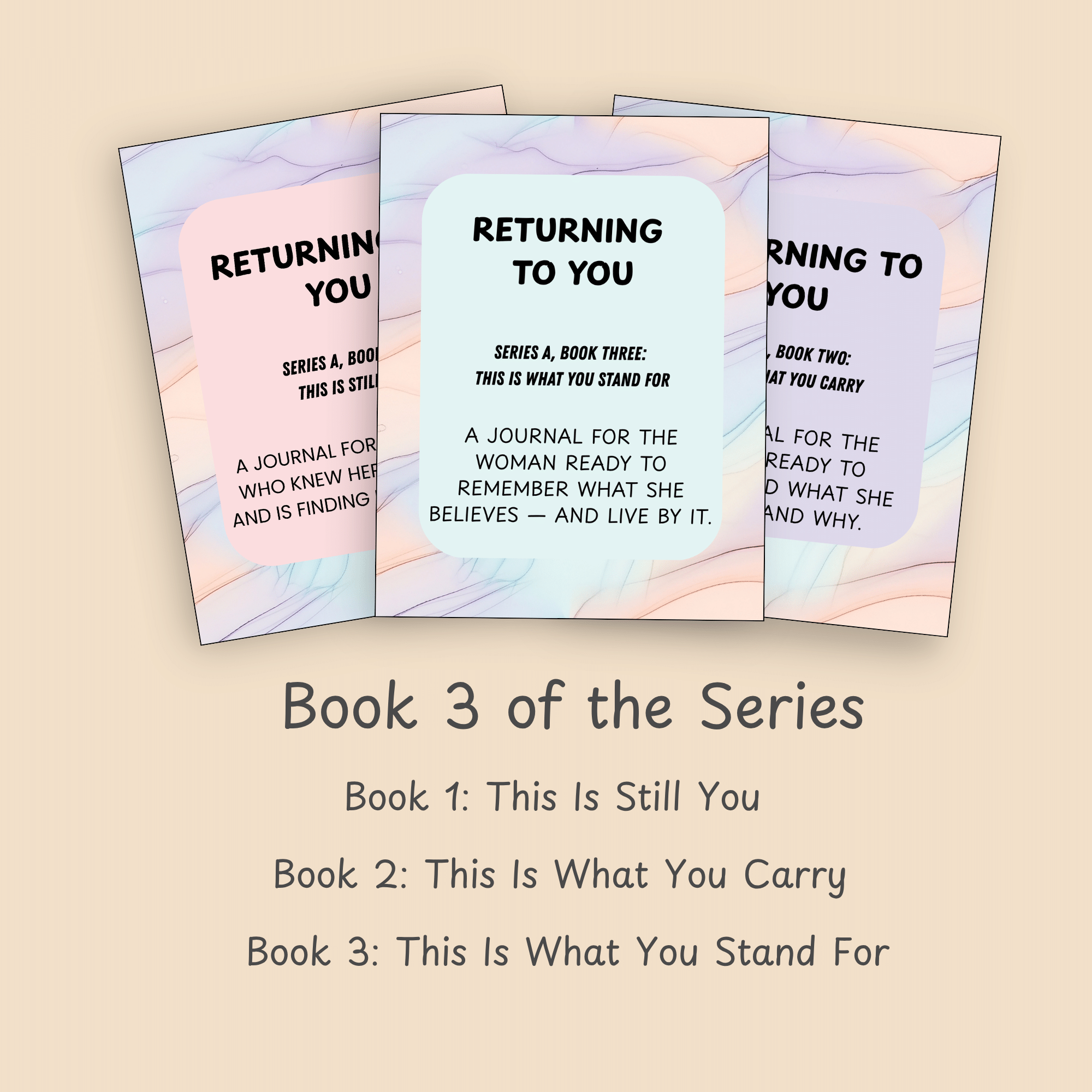 Three stacked journal cover mockups above a list naming Book 1 (This Is Still You), Book 2 (This Is What You Carry), and Book 3 (This Is What You Stand For).