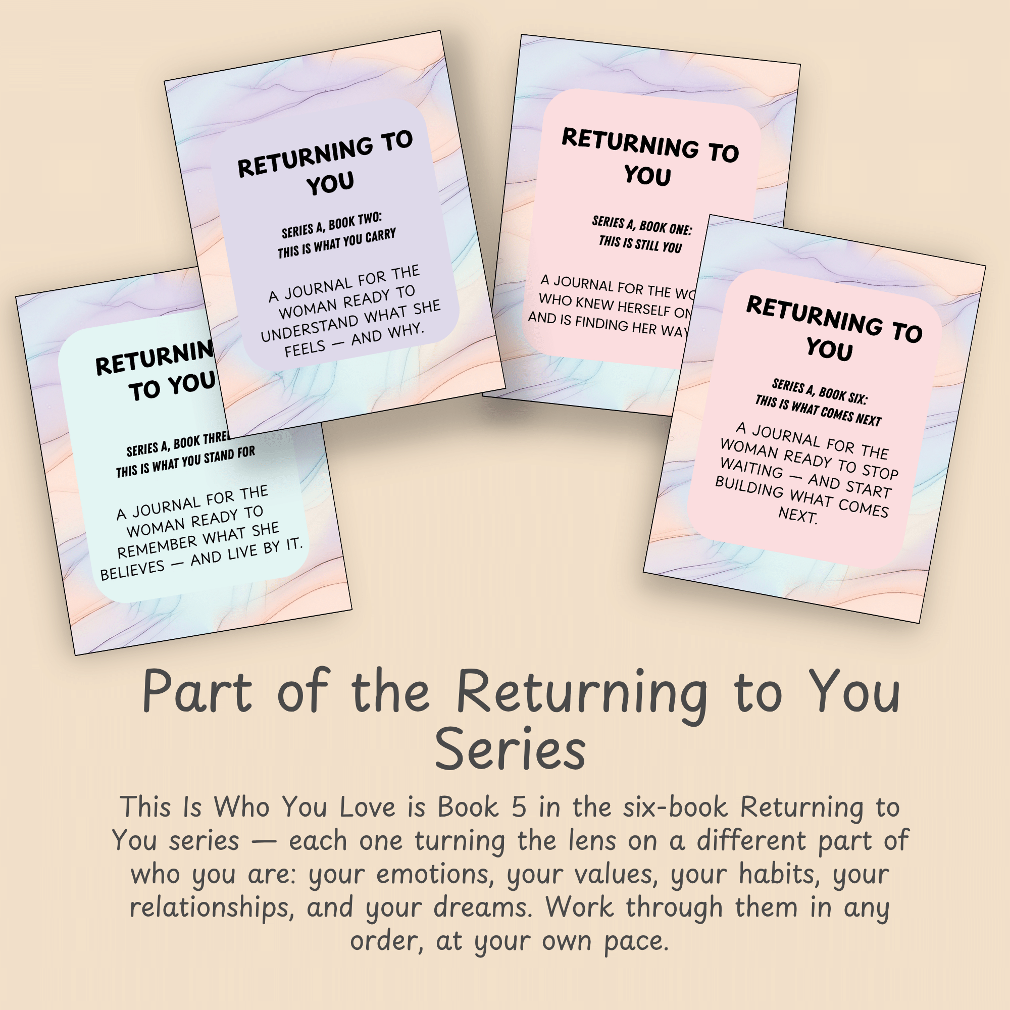 Stacked journal cover mockups above text introducing This Is Who You Love as Book 5 of the six-book Returning to You series.