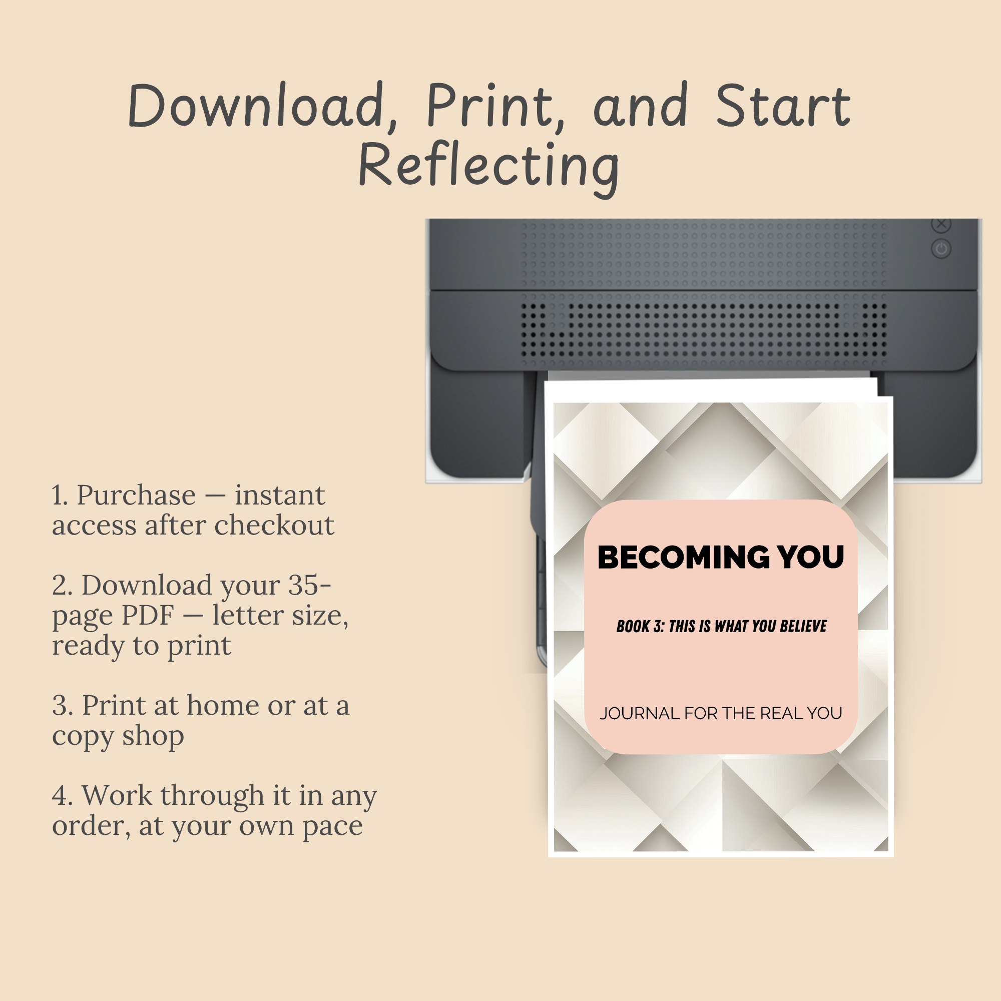 "Download, Print, and Start Reflecting" four-step purchase, download, print, and use instructions shown over a printer graphic with a sample calendar page.