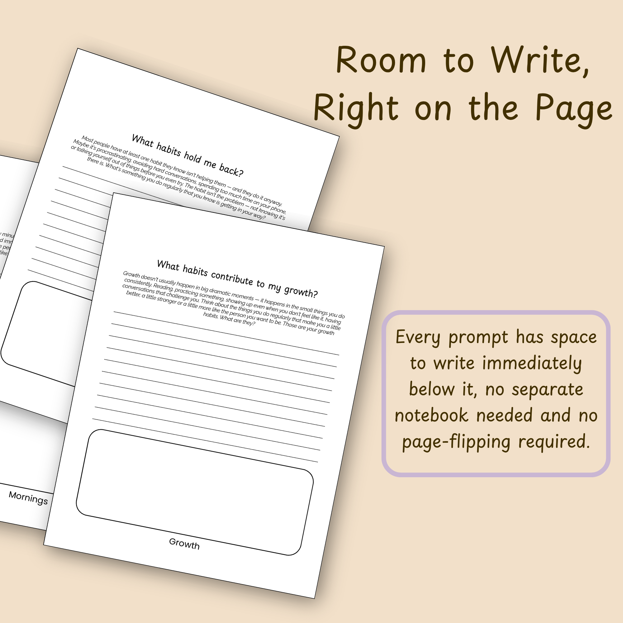 "Room to Write, Right on the Page" callout highlighting that every prompt includes writing space directly below it.