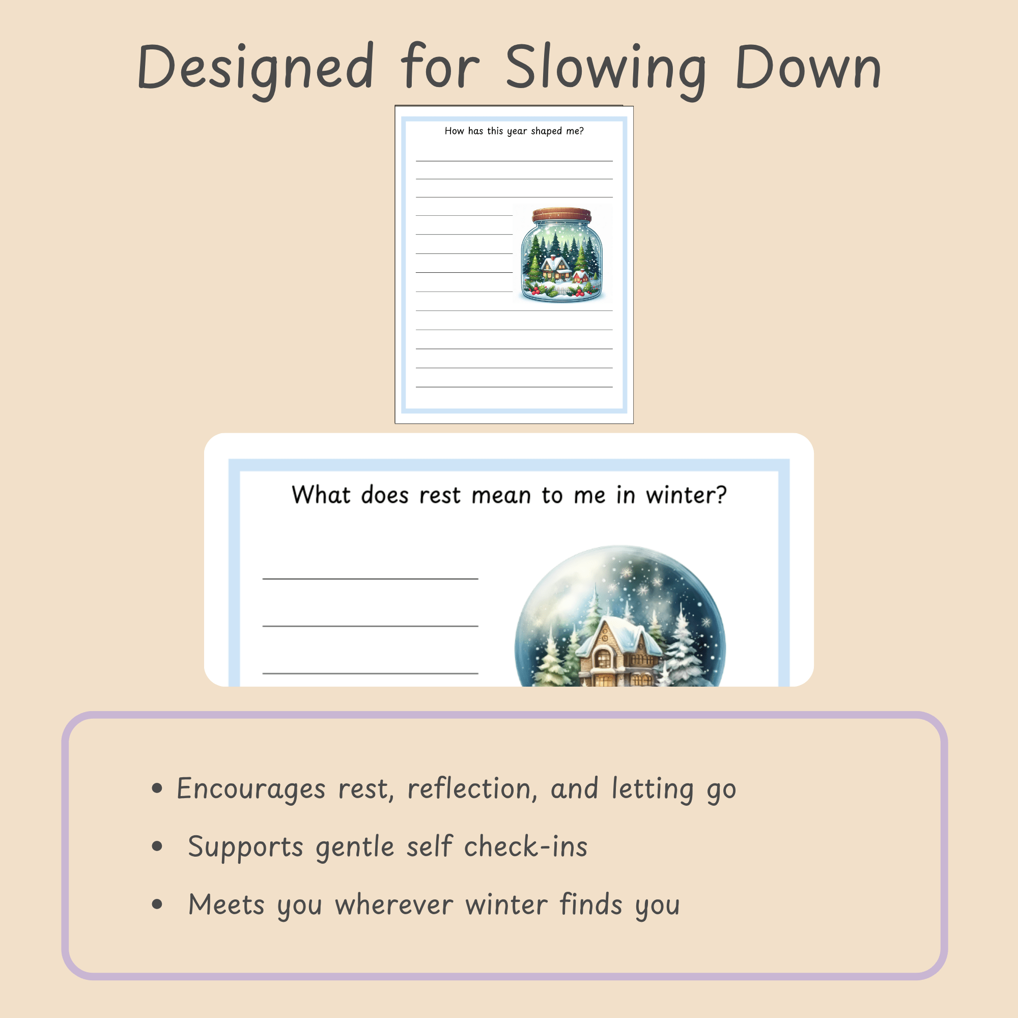 Designed for Slowing Down: Feature callout on rest, letting go, and gentle self check-ins.