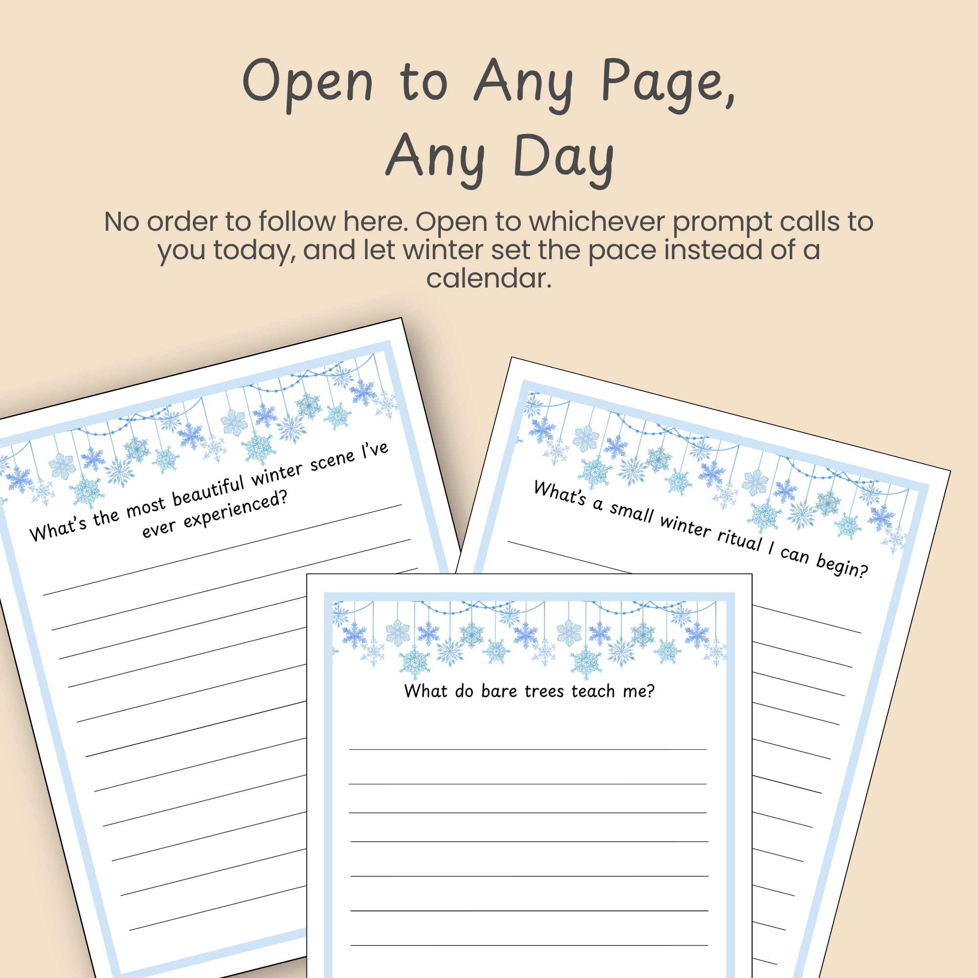 Open to Any Page, Any Day: Feature callout on journaling without a set order.