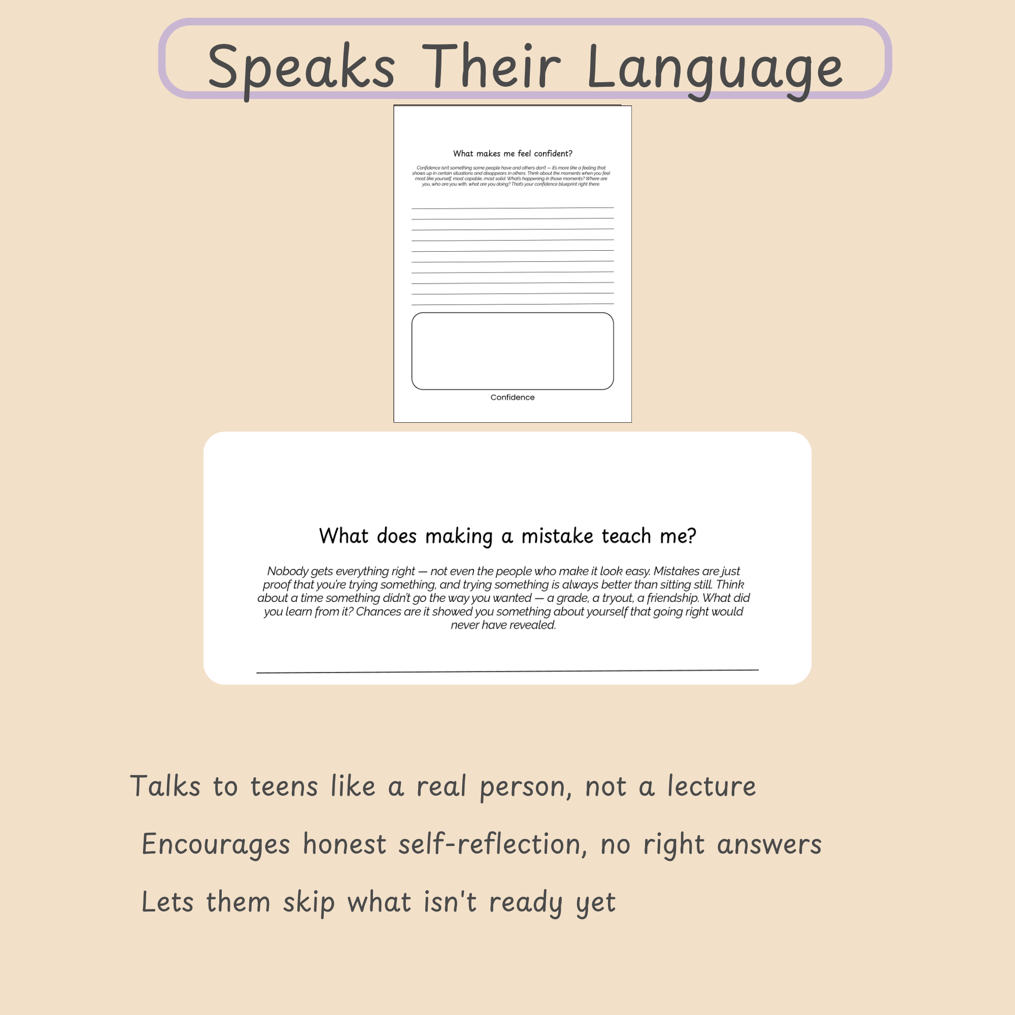 Slide describing how the teen journal speaks to readers like a real person, not a lecture.