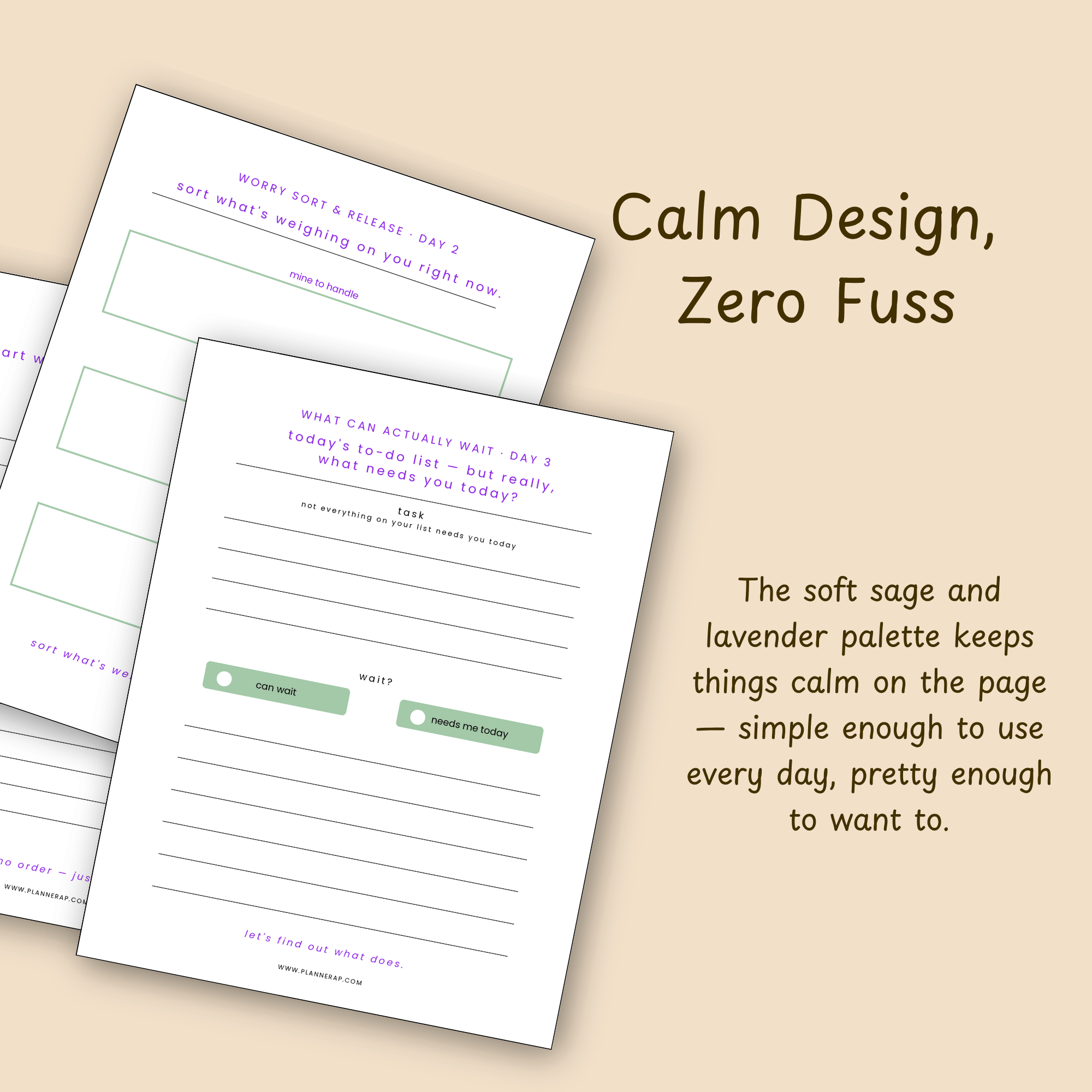 Slide showcasing the calm, soft sage and lavender design of the printable reset workbook.