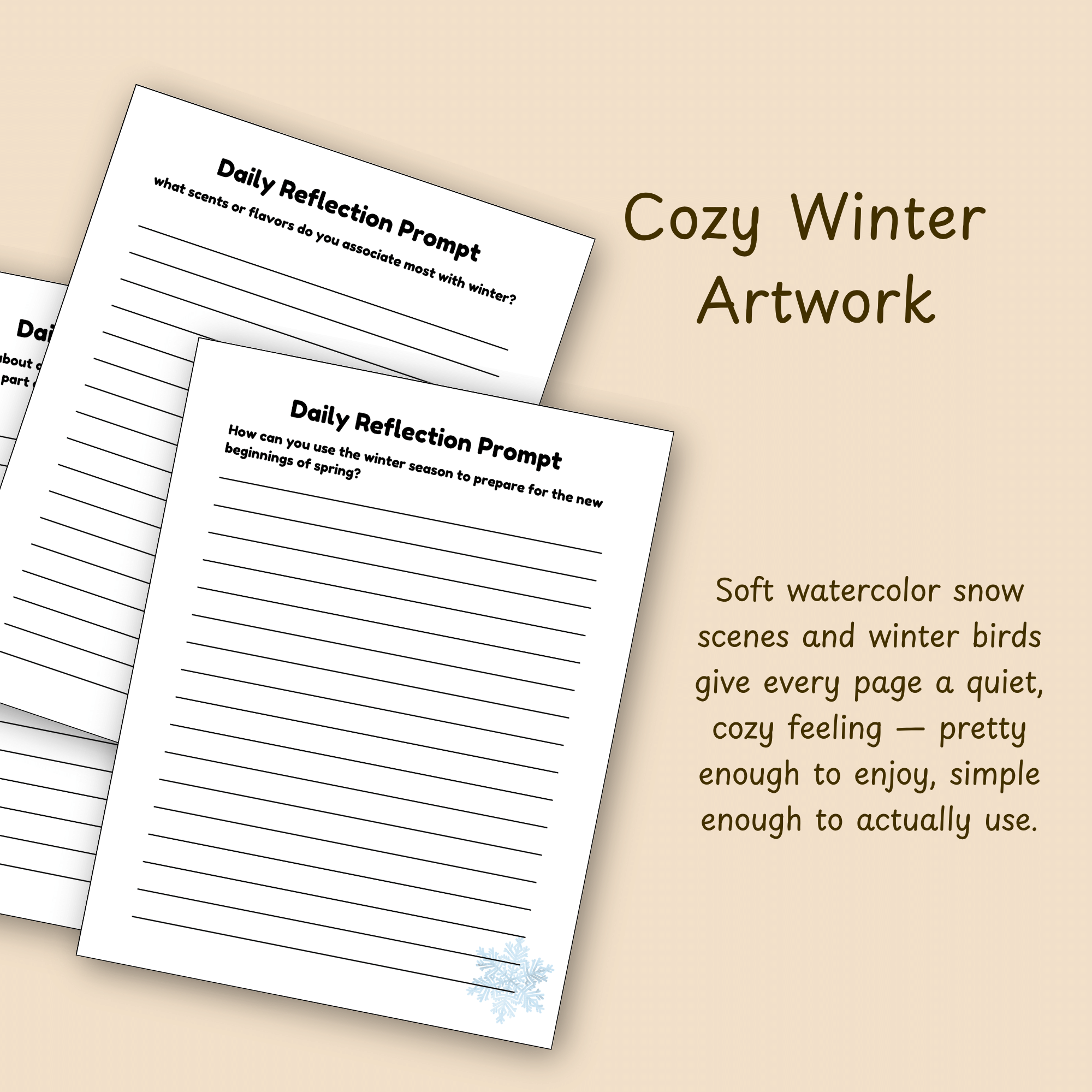 Mockup slide describing the soft watercolor winter scenes and winter bird illustrations used throughout the journal.