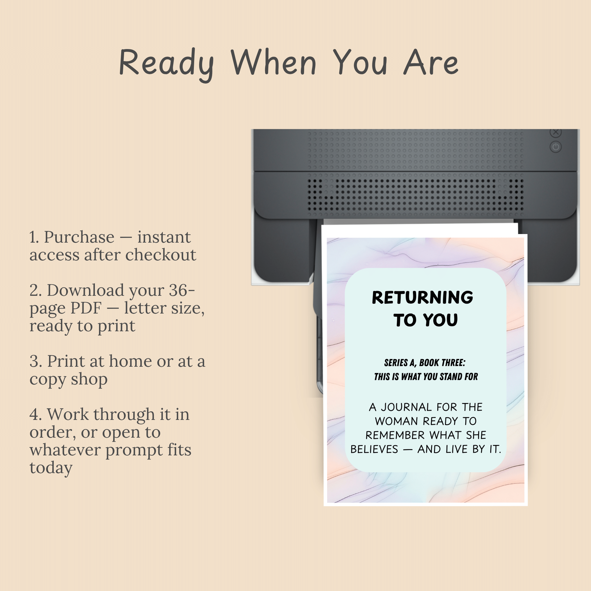 A printer producing a journal page mockup beside a four-step how-it-works list under the heading Ready When You Are.