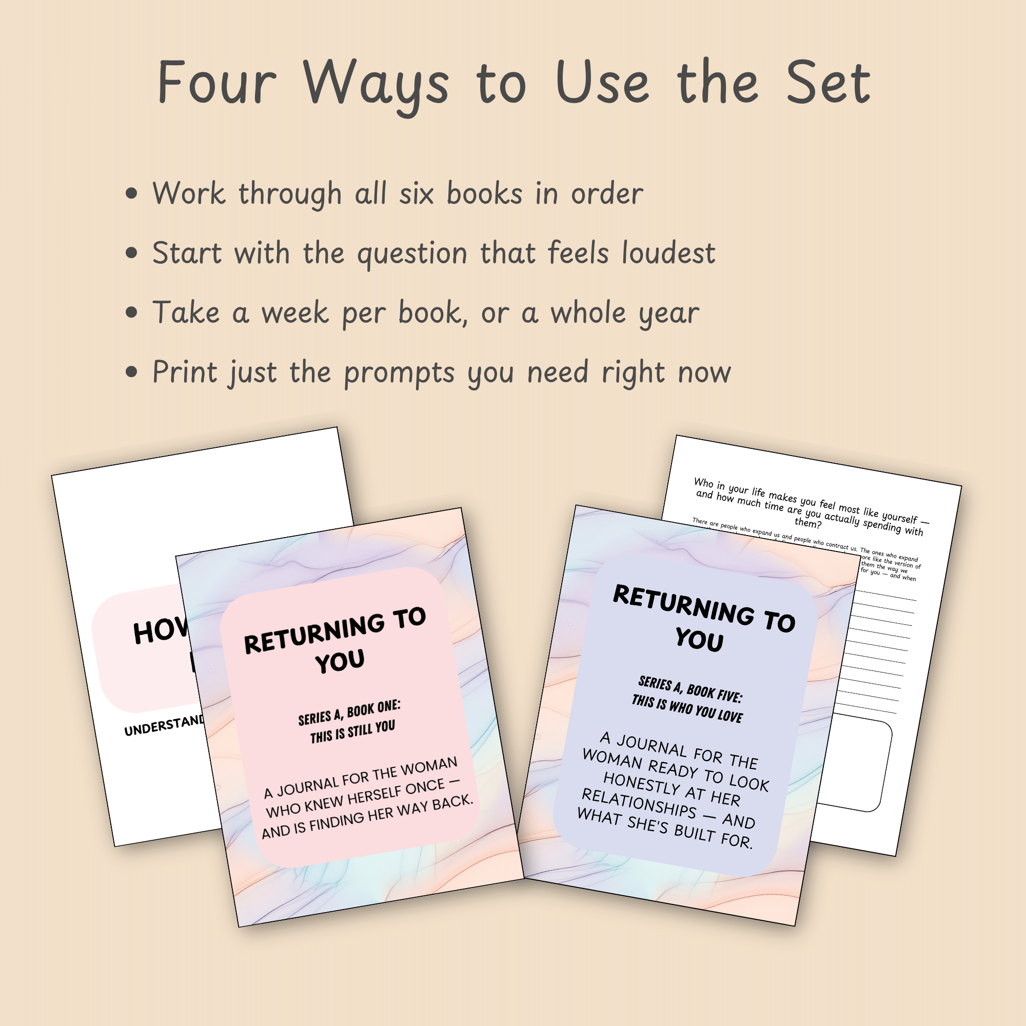 Four printable journal pages below a list of four ways to use the six-book journal bundle.