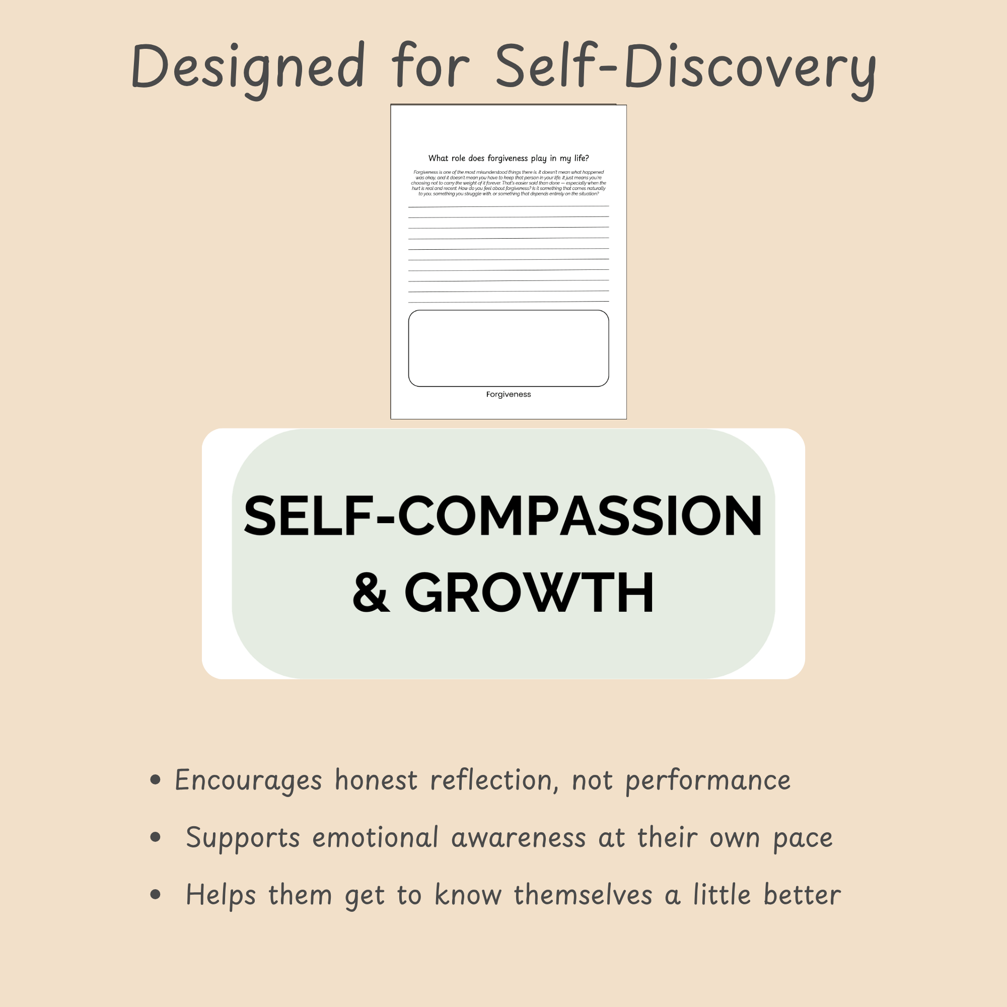 "Designed for Real Emotions" three-bullet feature slide on honest reflection, emotional awareness, and self-compassion.