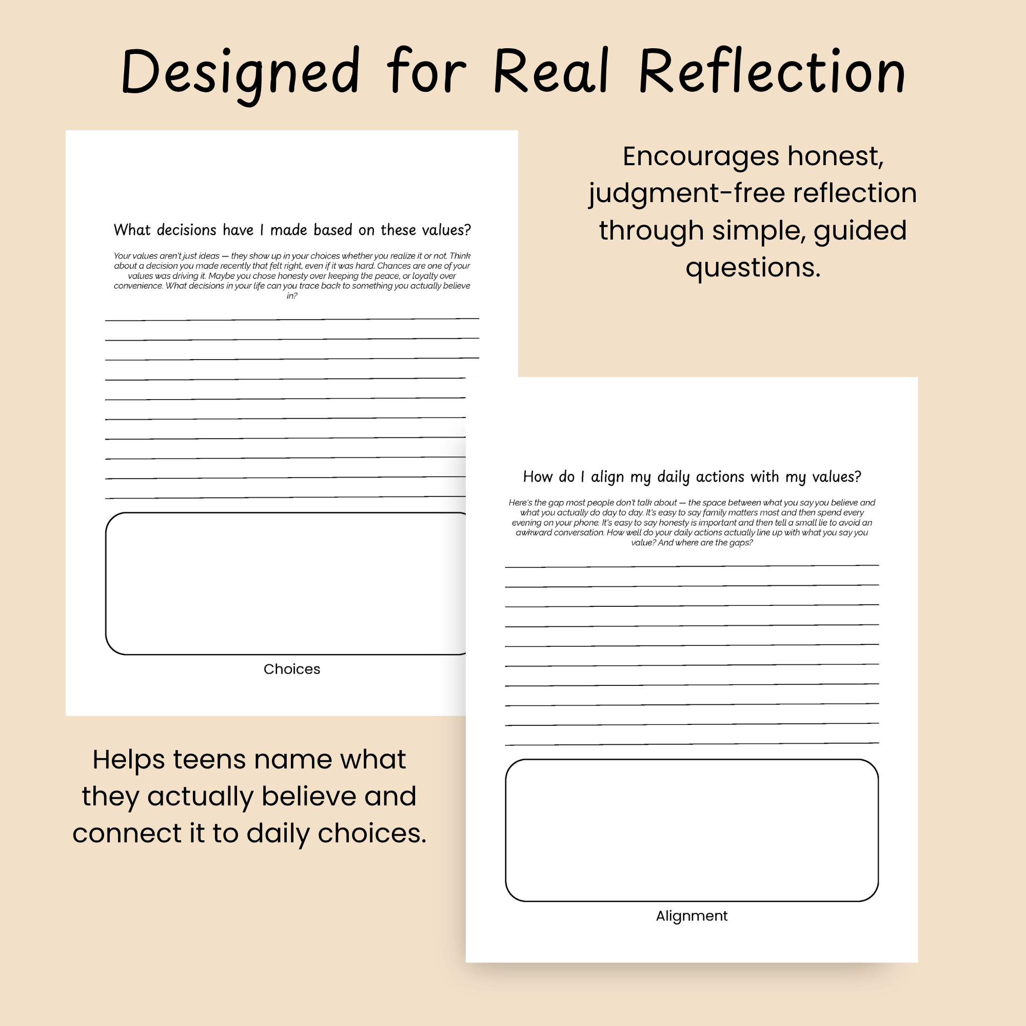 "Designed for Real Reflection" two-block feature slide on honest, judgment-free reflection and naming beliefs, shown over sample journal page mockups.