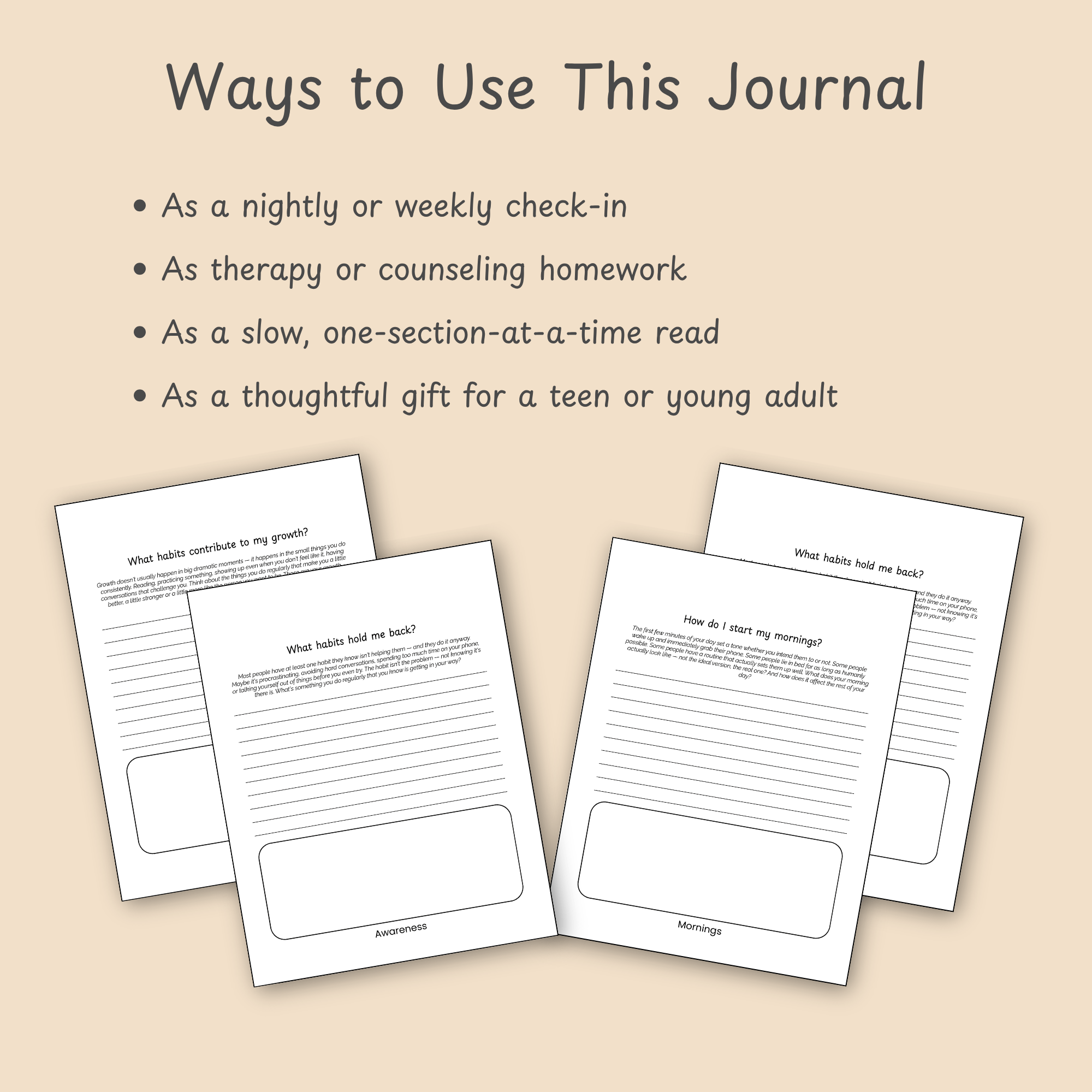 "Ways to Use This Journal" slide listing four ways to use it, including as a nightly check-in, therapy homework, a slow read, or a gift.