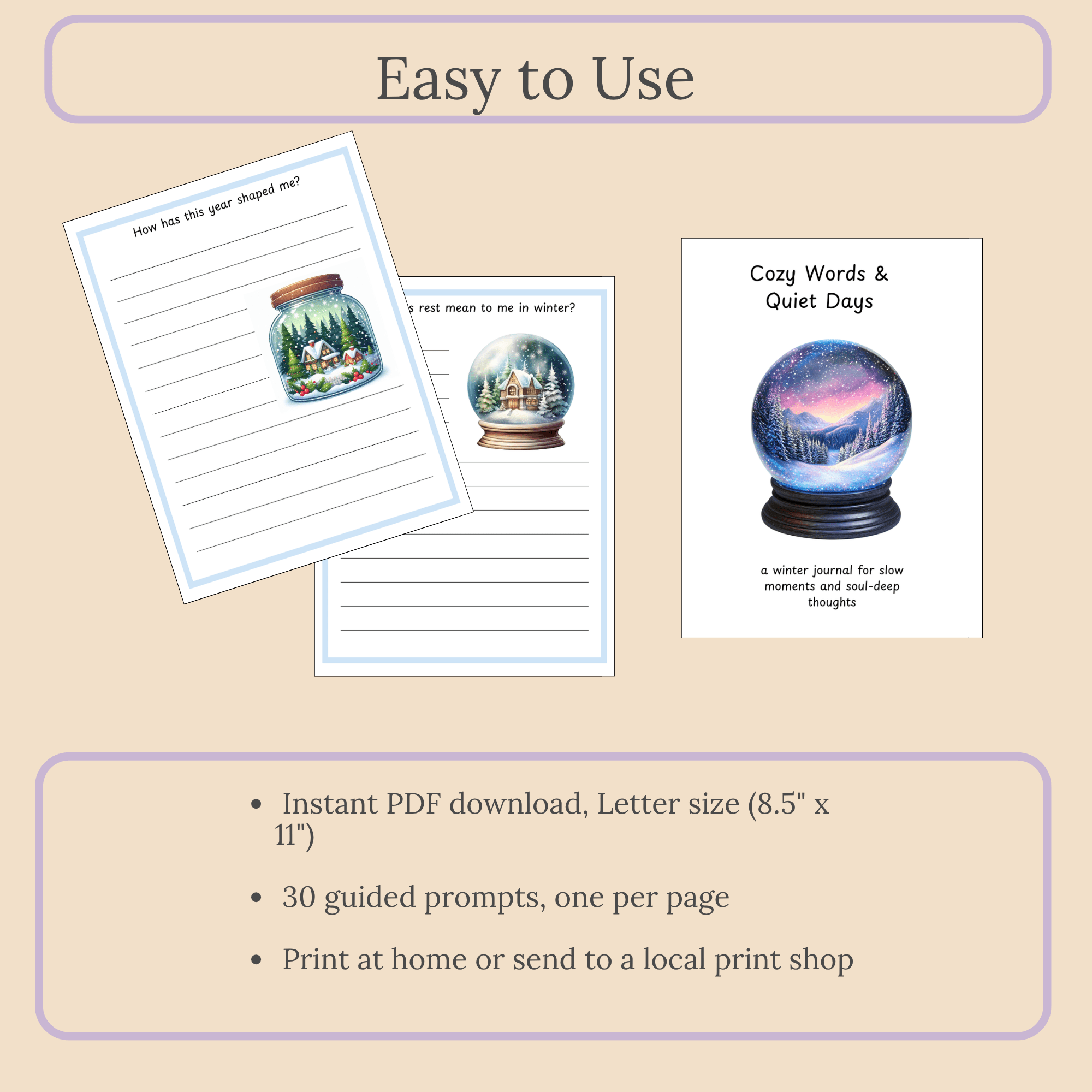 Easy to Use: Feature callout on instant PDF download, Letter size, and print-at-home simplicity.