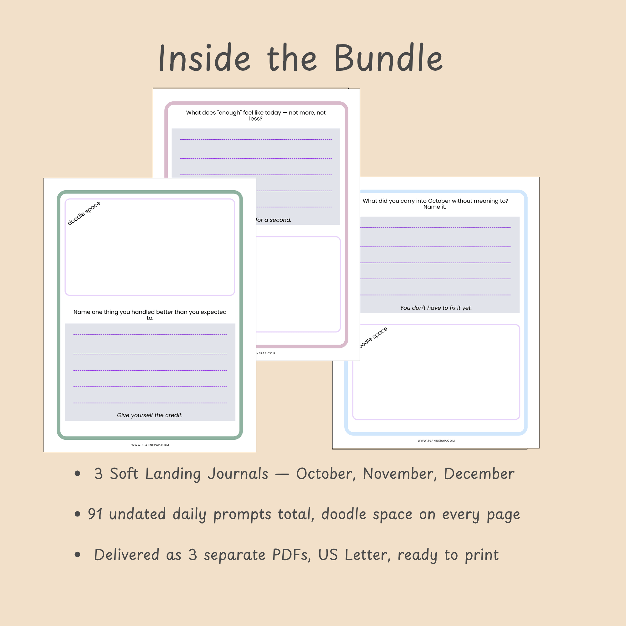 Inside the Bundle: What's included — 3 journals, 91 prompts total, delivered as 3 separate PDFs.