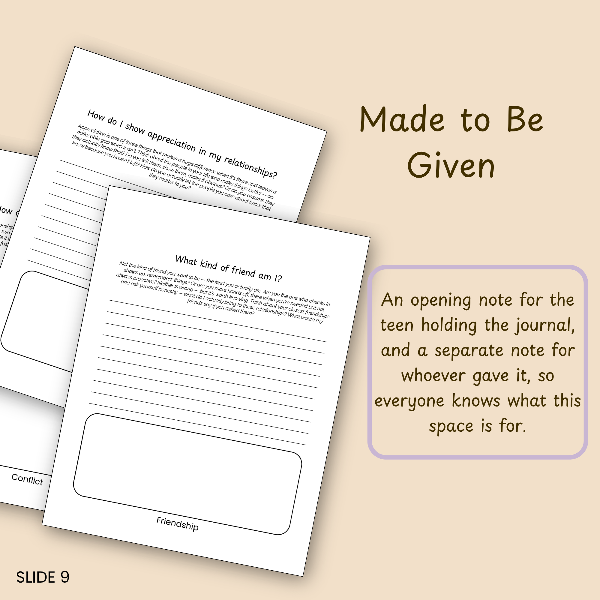 Slide listing situations this journal is a good fit for, including counseling homework and gifting.