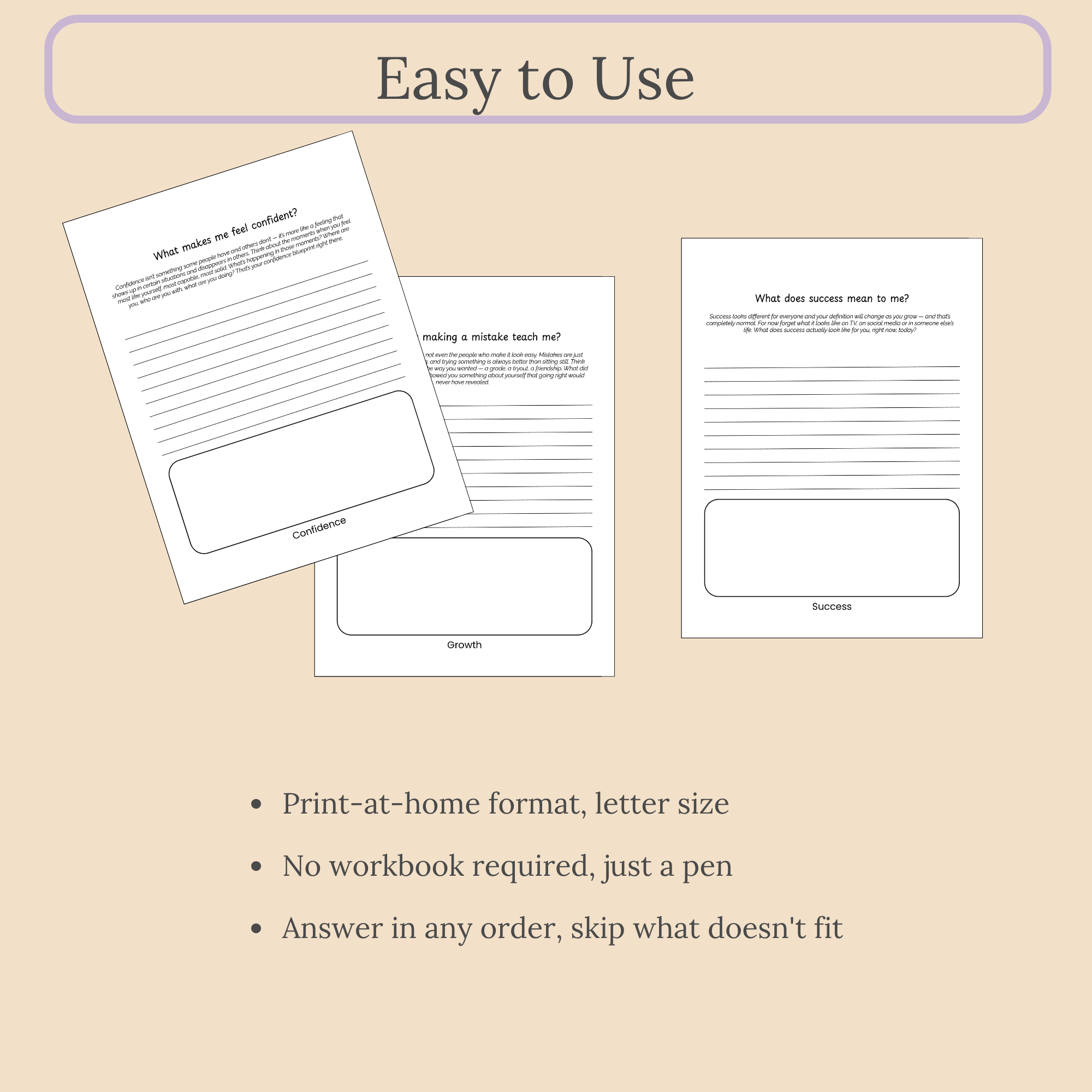 Slide showing how easy the journal is to print and use, with no workbook or special setup required.