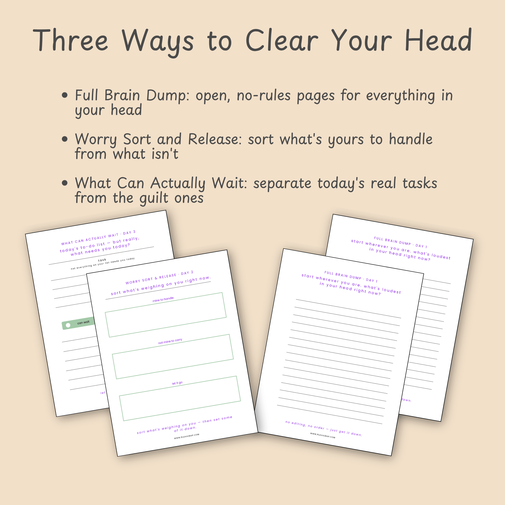 Slide describing the three recurring exercise types in the brain dump printable workbook: full brain dump, worry sort, and task sorting.