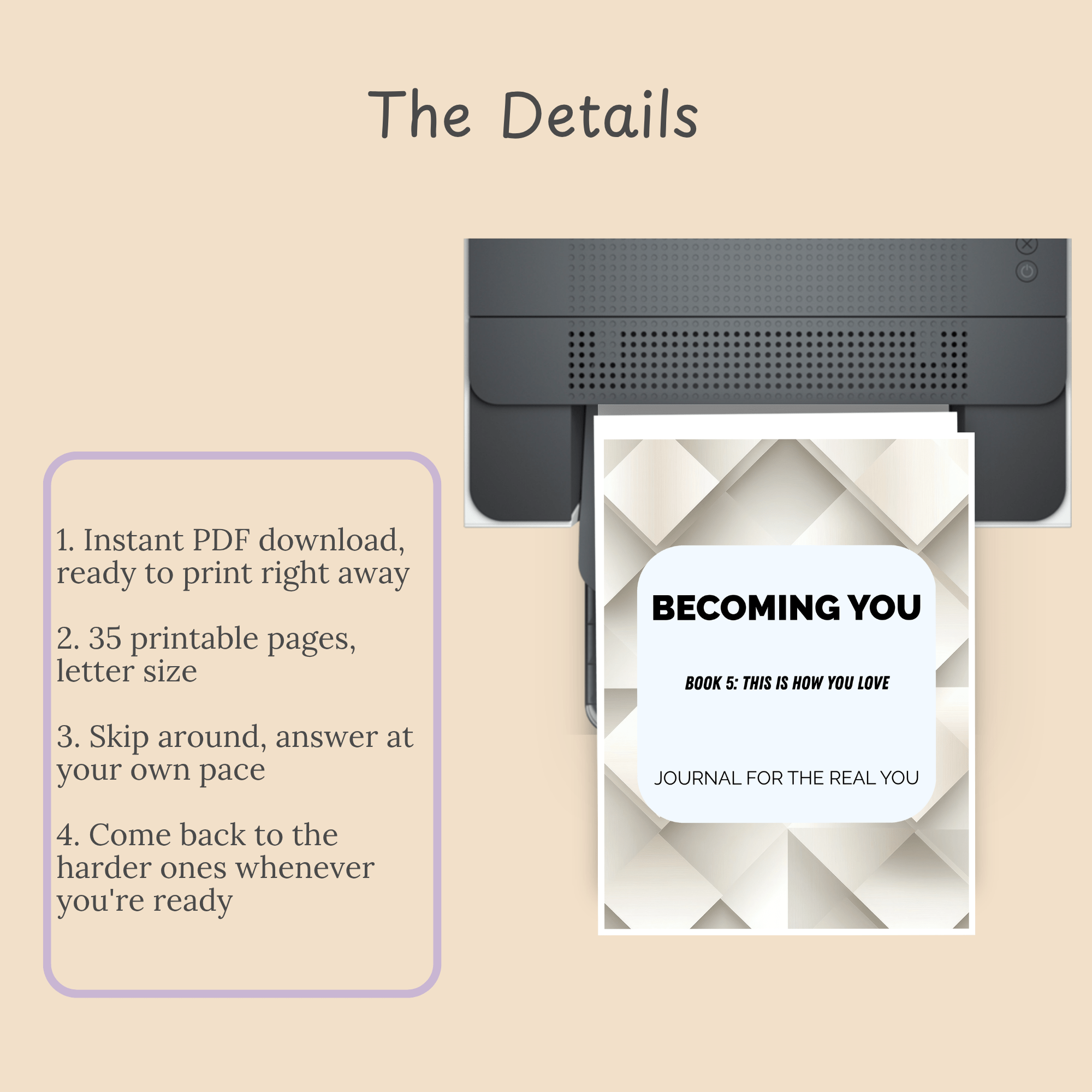 Numbered how-to-use slide walking through purchase, download, opening a prompt, and writing.