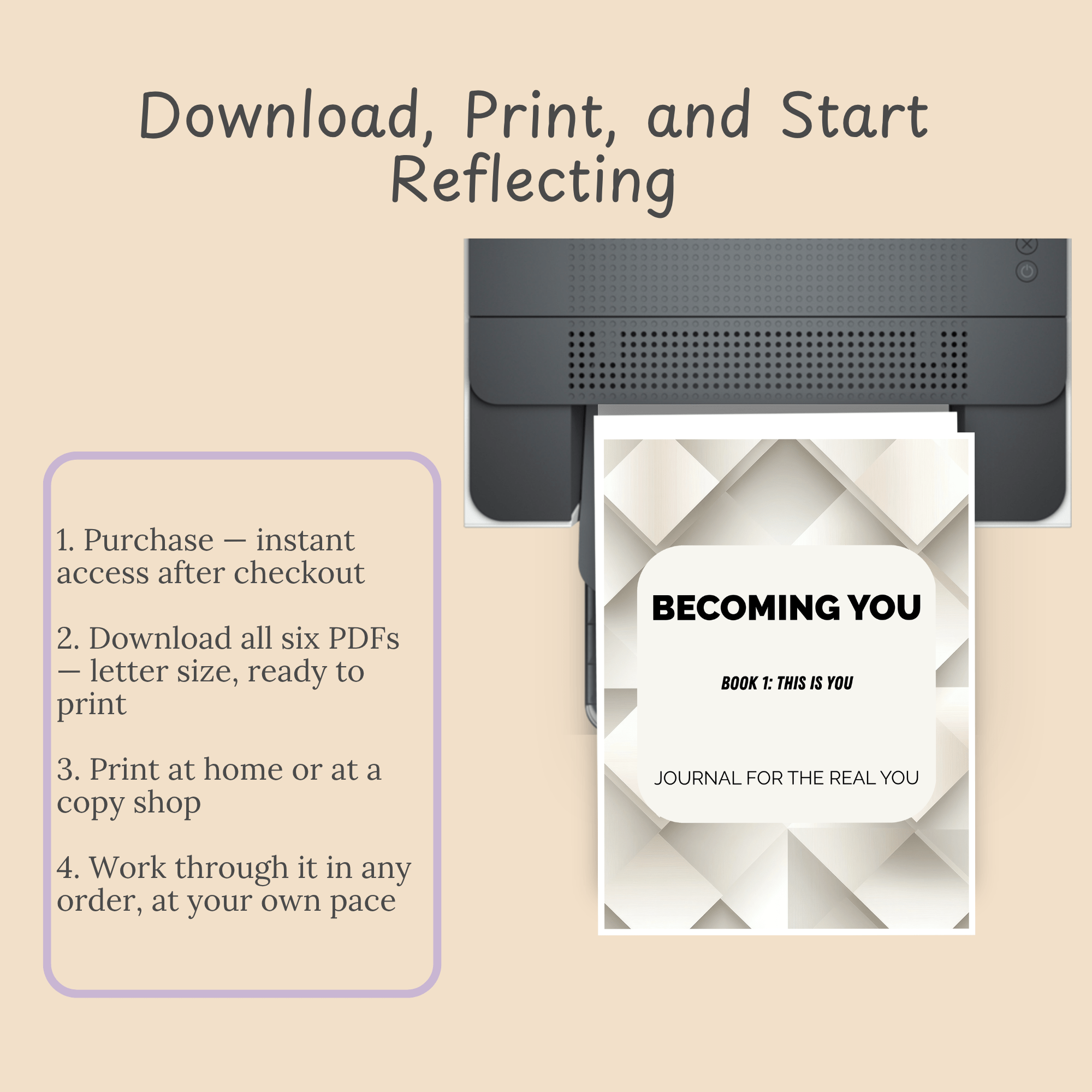 How-it-works slide with four simple steps: purchase, download, print, and work through at your own pace.