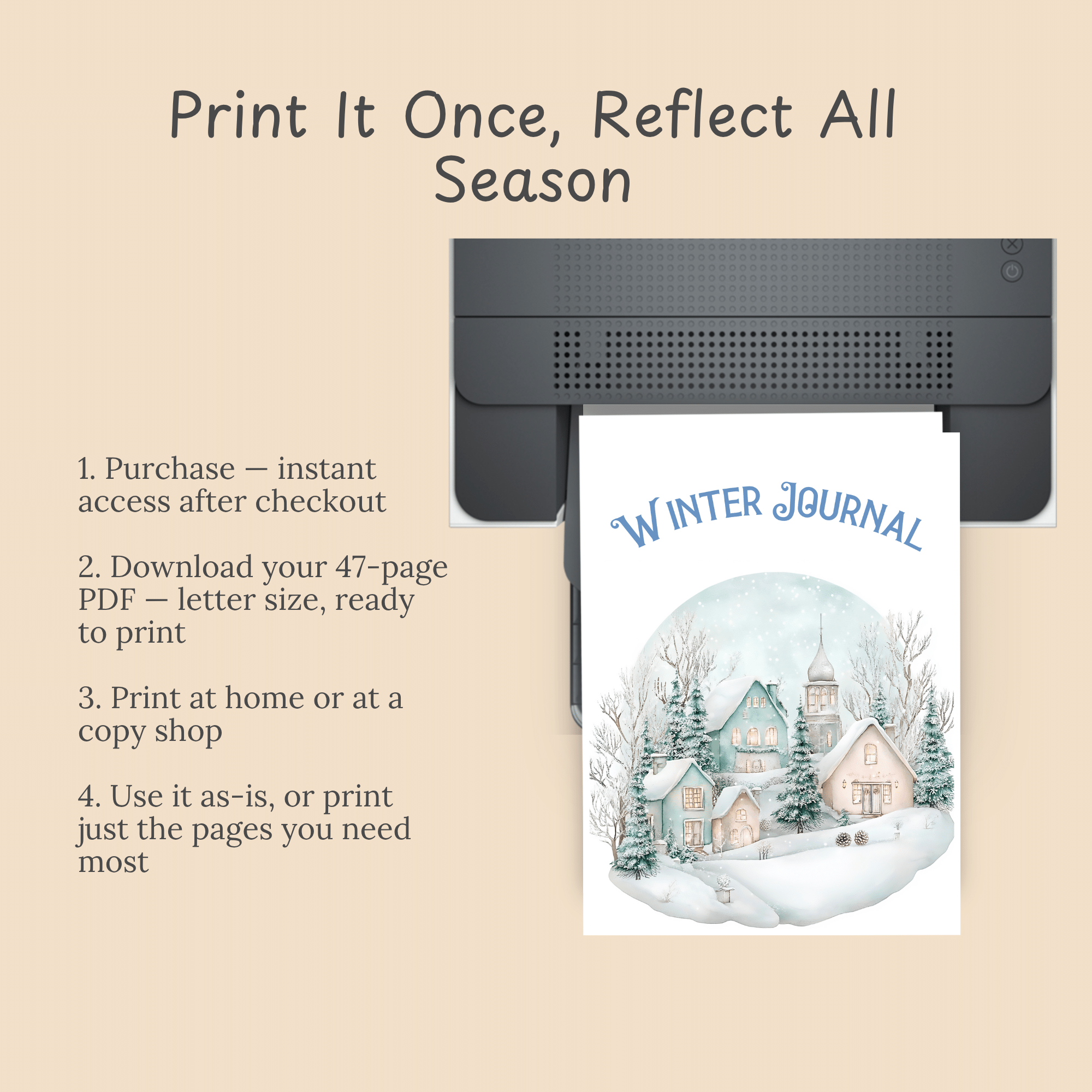 Mockup slide with four numbered steps for purchasing, downloading, and printing the 47-page Winter Journal PDF.