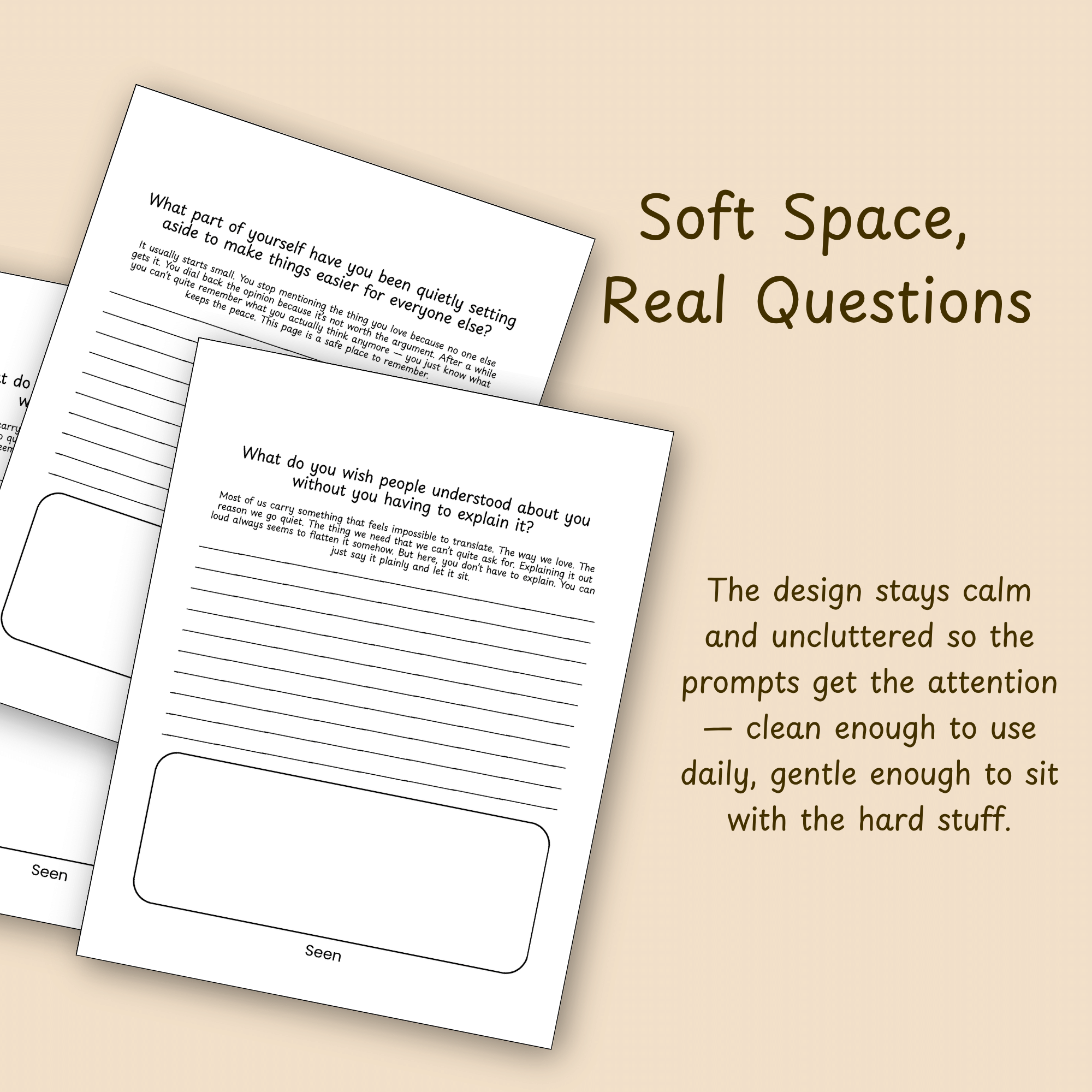Two journal page mockups beside text describing the calm, uncluttered design under the heading Soft Space, Real Questions.
