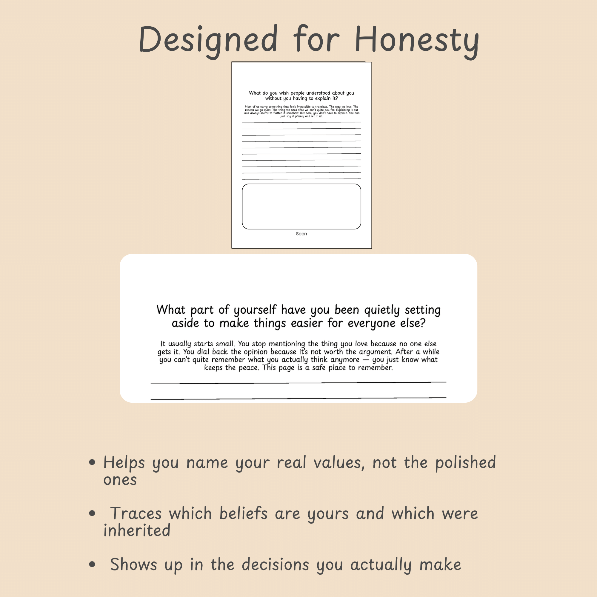 Card-style journal mockups above a bulleted list under the heading Designed for Honesty, describing how the journal surfaces real values.