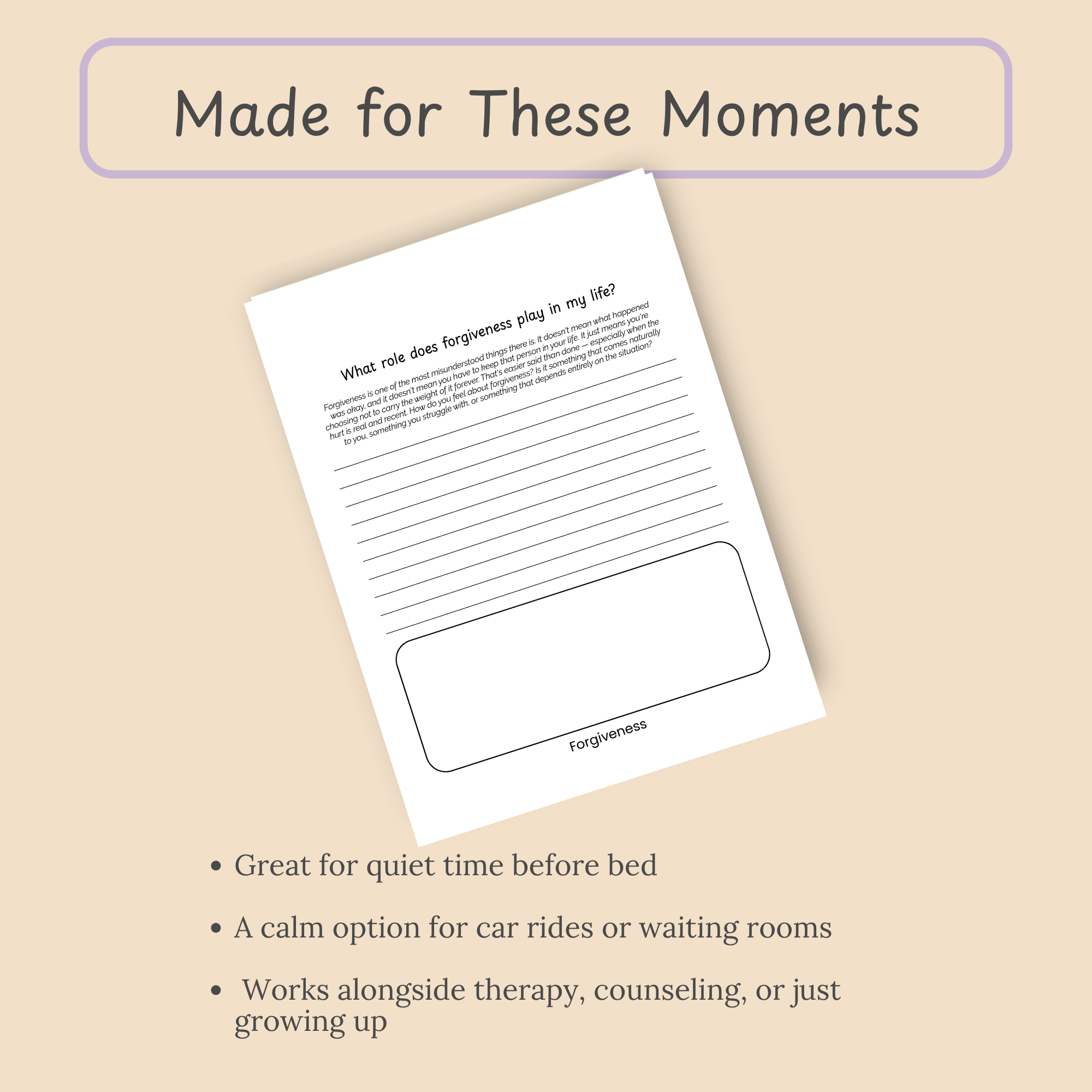 "A Journal That Fits Real Life" three-bullet slide on quiet evenings, therapy/counseling use, and homeschool or gift-giving.