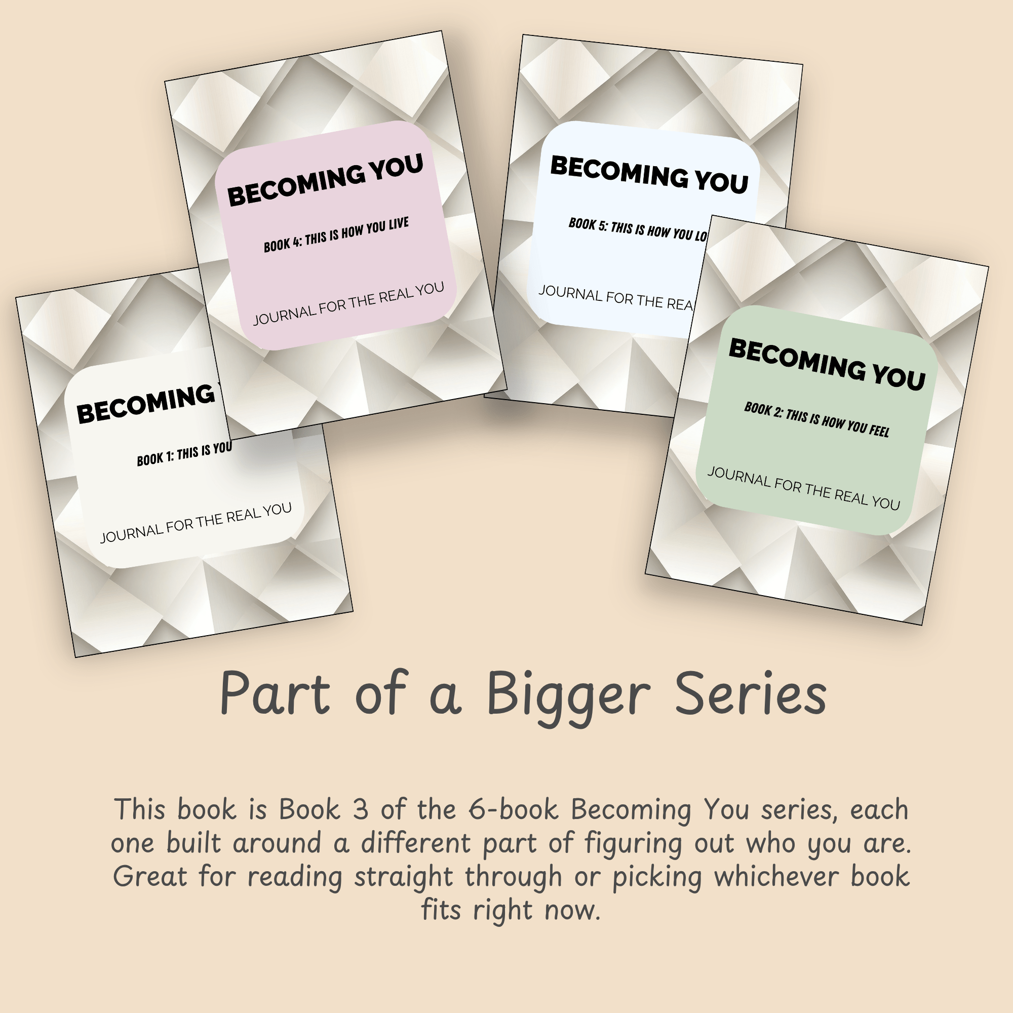 "Part of a Bigger Series" slide explaining the book's place in the six-book Becoming You series, shown over a stack of journal cover mockups.