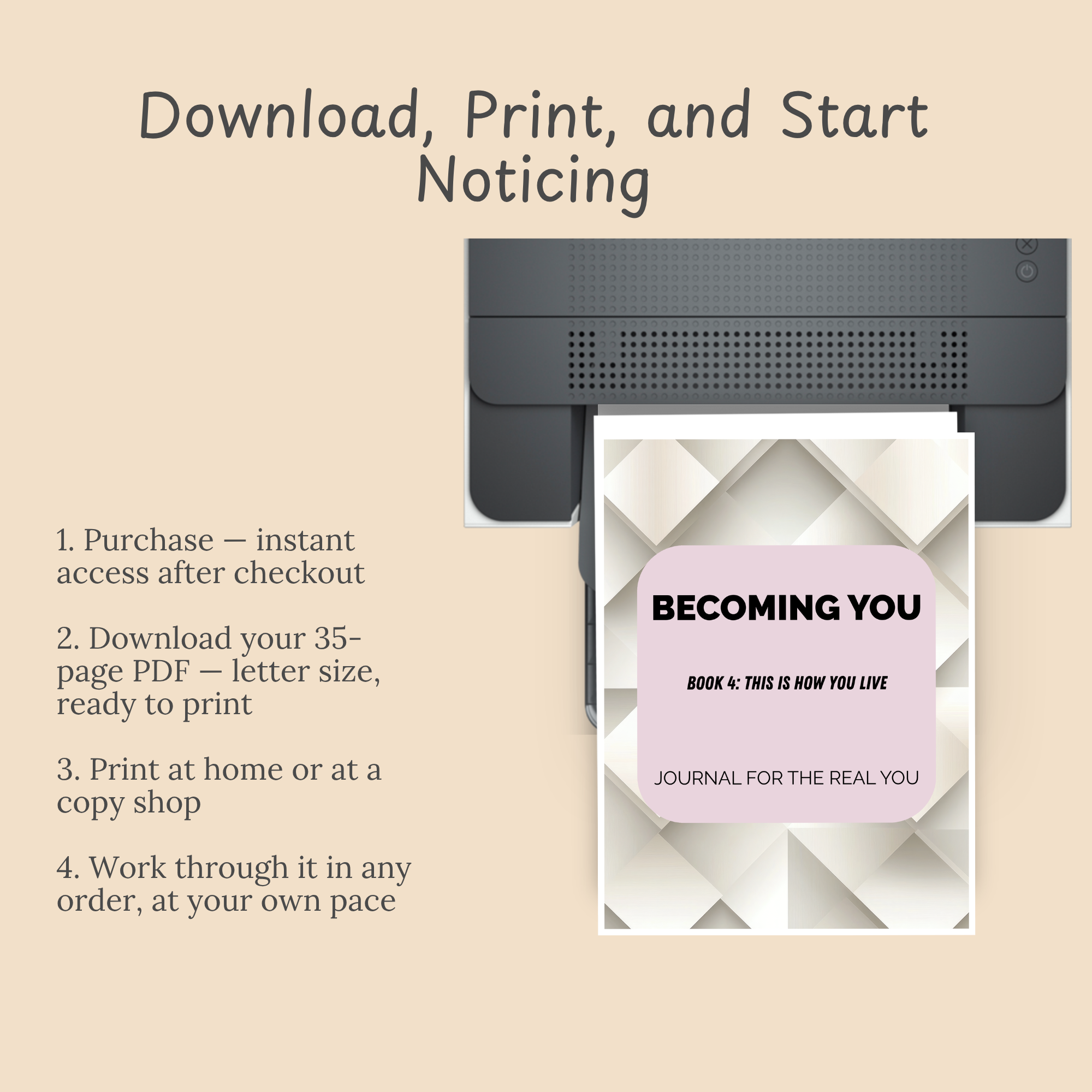 "Download, Print, and Start Noticing" four-step purchase-download-print-use instructions over a printer graphic.
