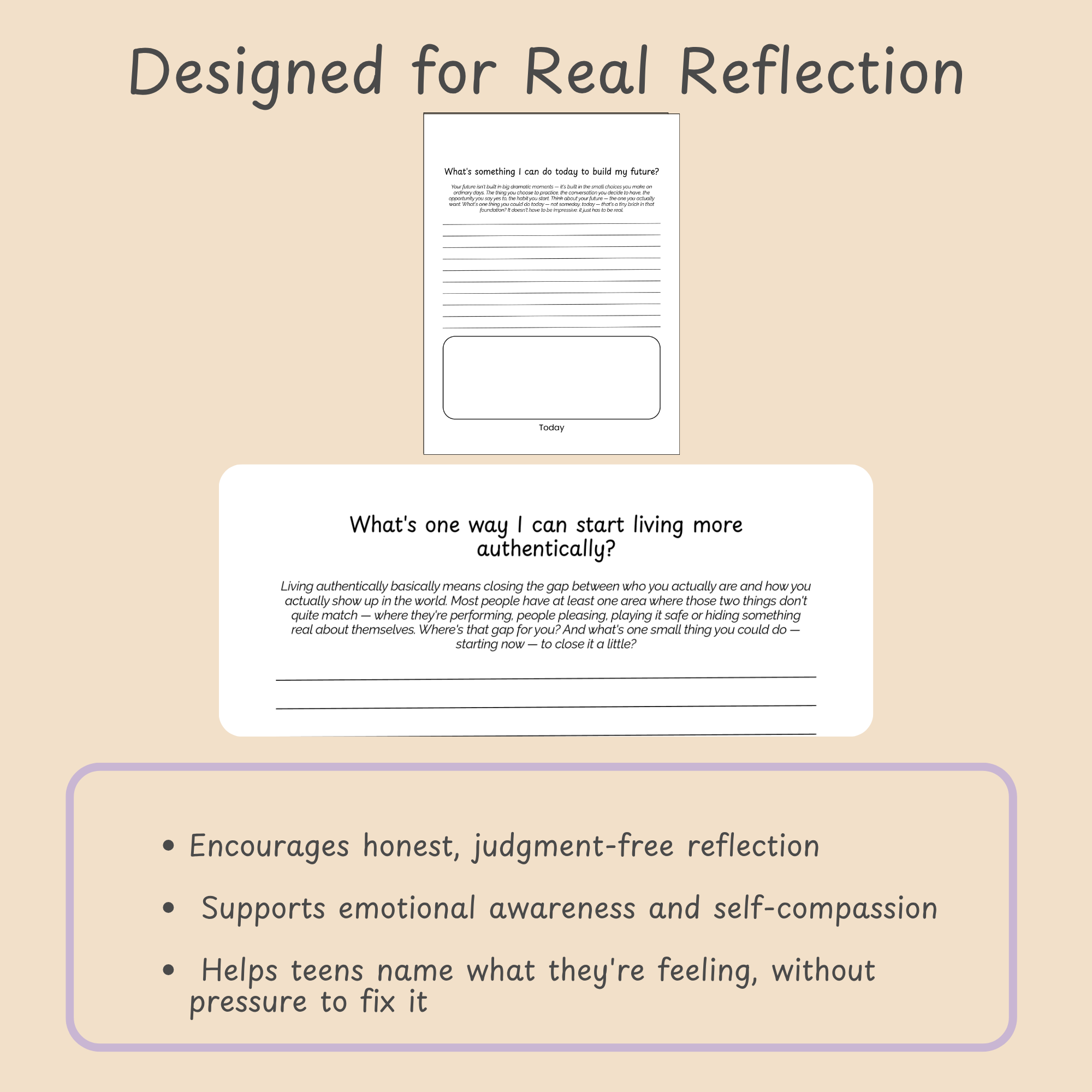 Feature slide on how the journals support honest, judgment-free reflection and self-compassion.