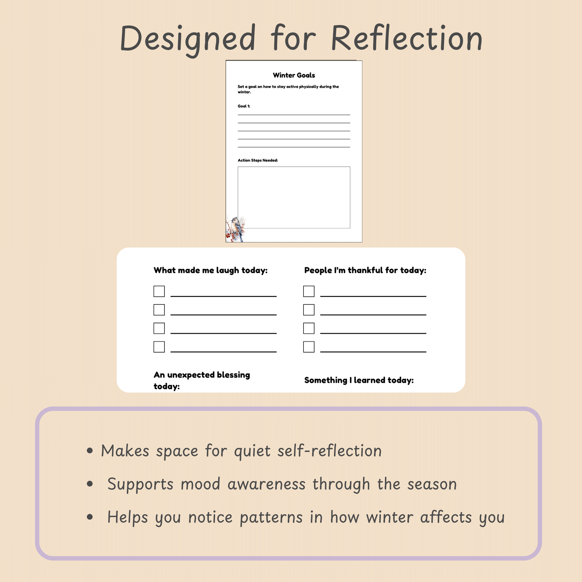 Mockup slide listing three reflection-focused benefits — quiet self-reflection, mood awareness, and noticing winter patterns.