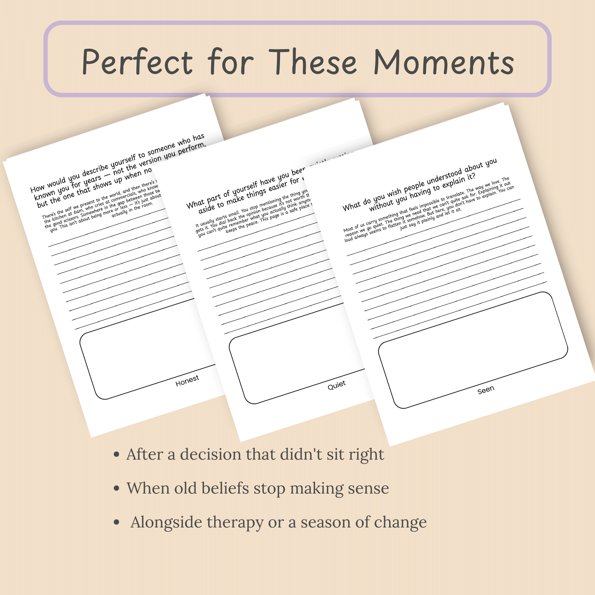 Card-style mockups beside a bulleted list of moments this journal fits, under the heading Perfect for These Moments.