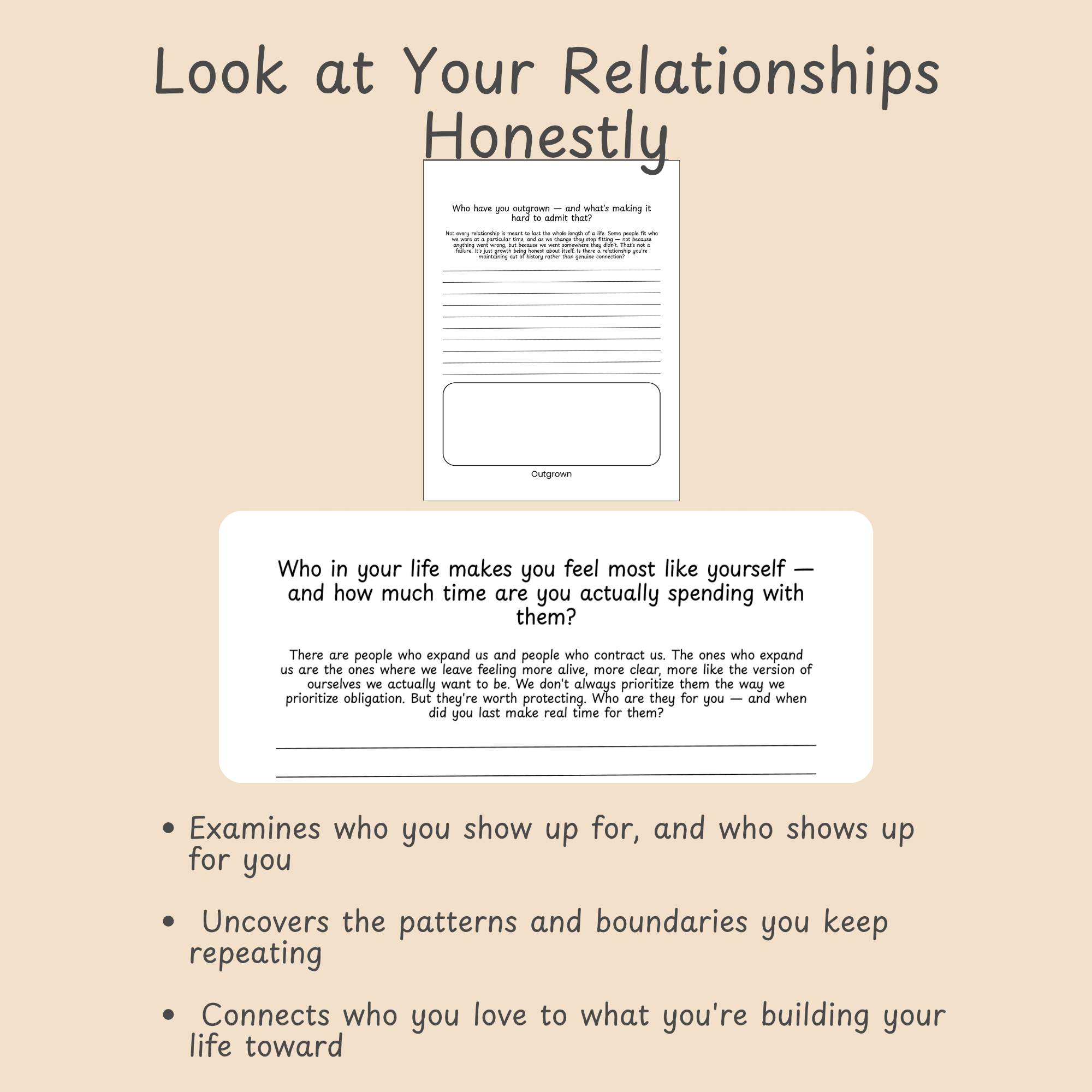 Journal page mockup beside three bullet points describing how the prompts examine patterns, boundaries, and honest connection.
