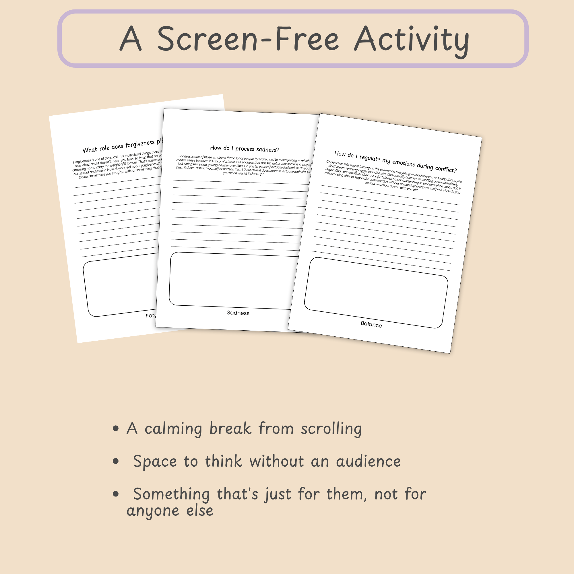 "A Screen-Free Way to Check In" three-bullet slide on presence, an alternative to scrolling, and building a feelings-noticing habit.