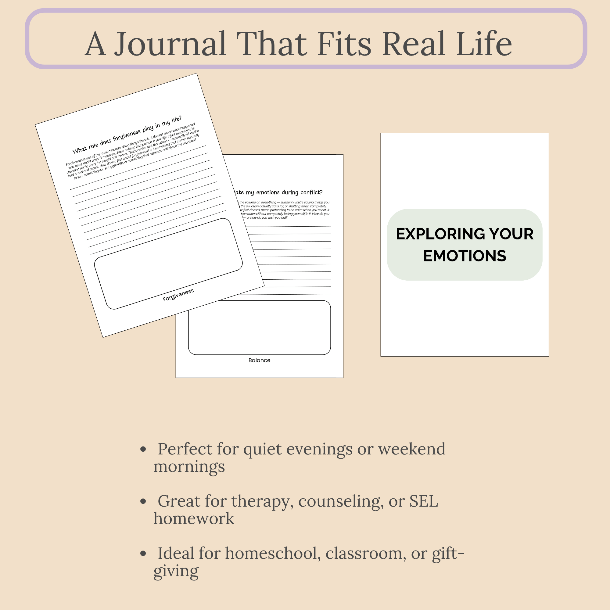 "A Journal That Fits Real Life" three-bullet slide on quiet evenings, therapy or counseling use, and homeschool or gift-giving.
