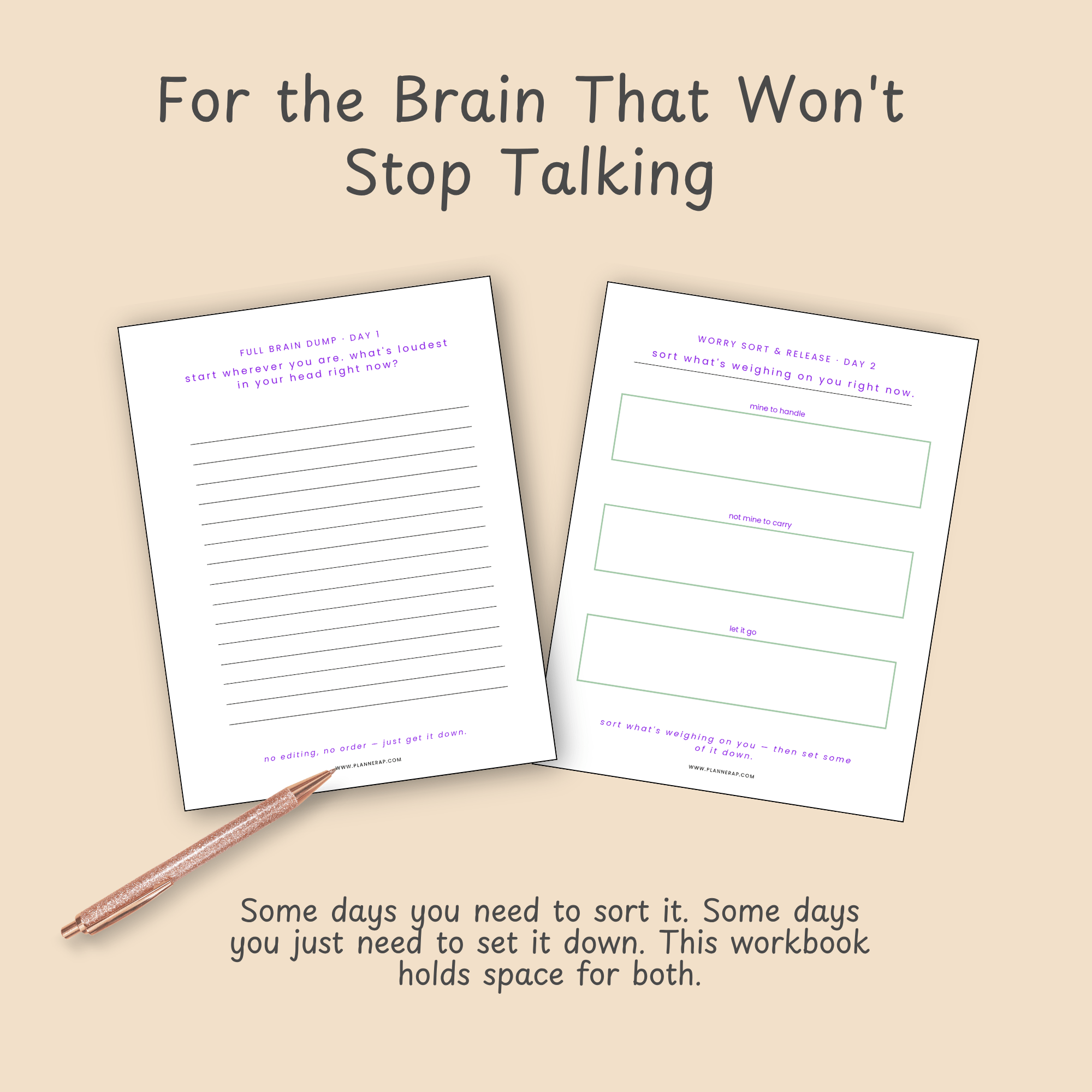 Closing slide for the brain dump printable workbook noting it holds space for sorting worries or simply setting them down.