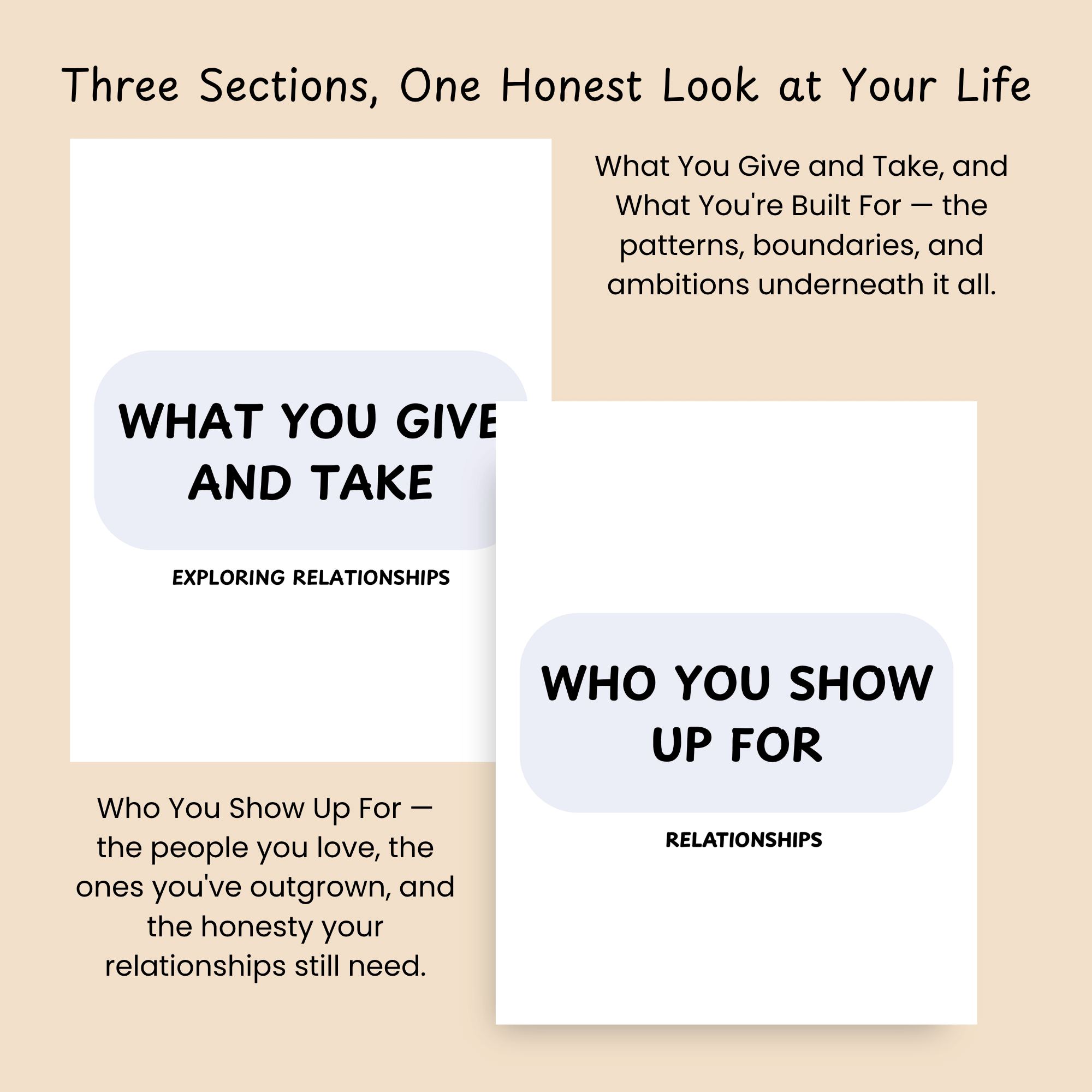 Bulleted list of the journal's three sections — Who You Show Up For, What You Give and Take, and What You're Built For — beside journal page mockups.