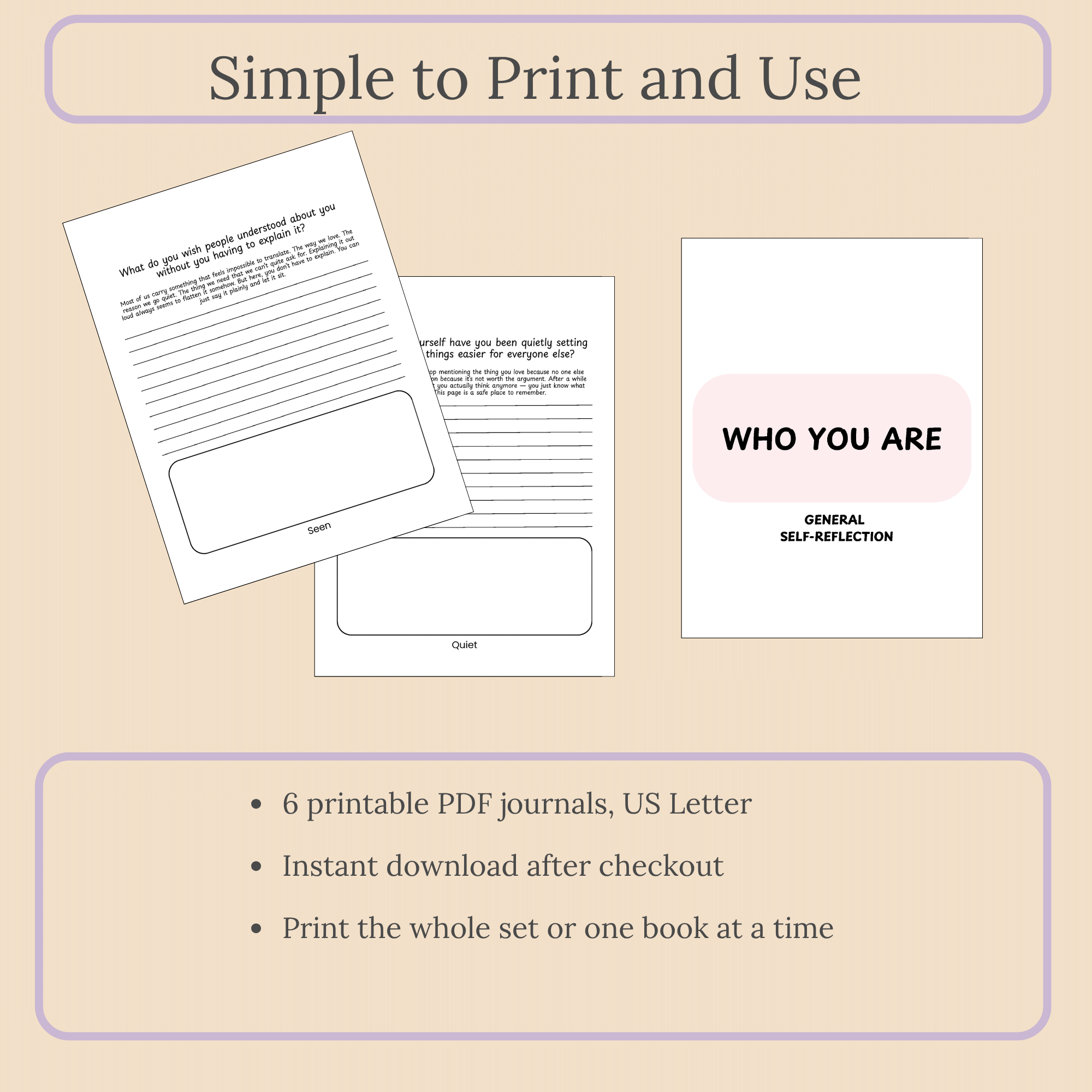 Two printable journal pages from the bundle above a list of format details: six US Letter PDFs, instant download, print as needed.