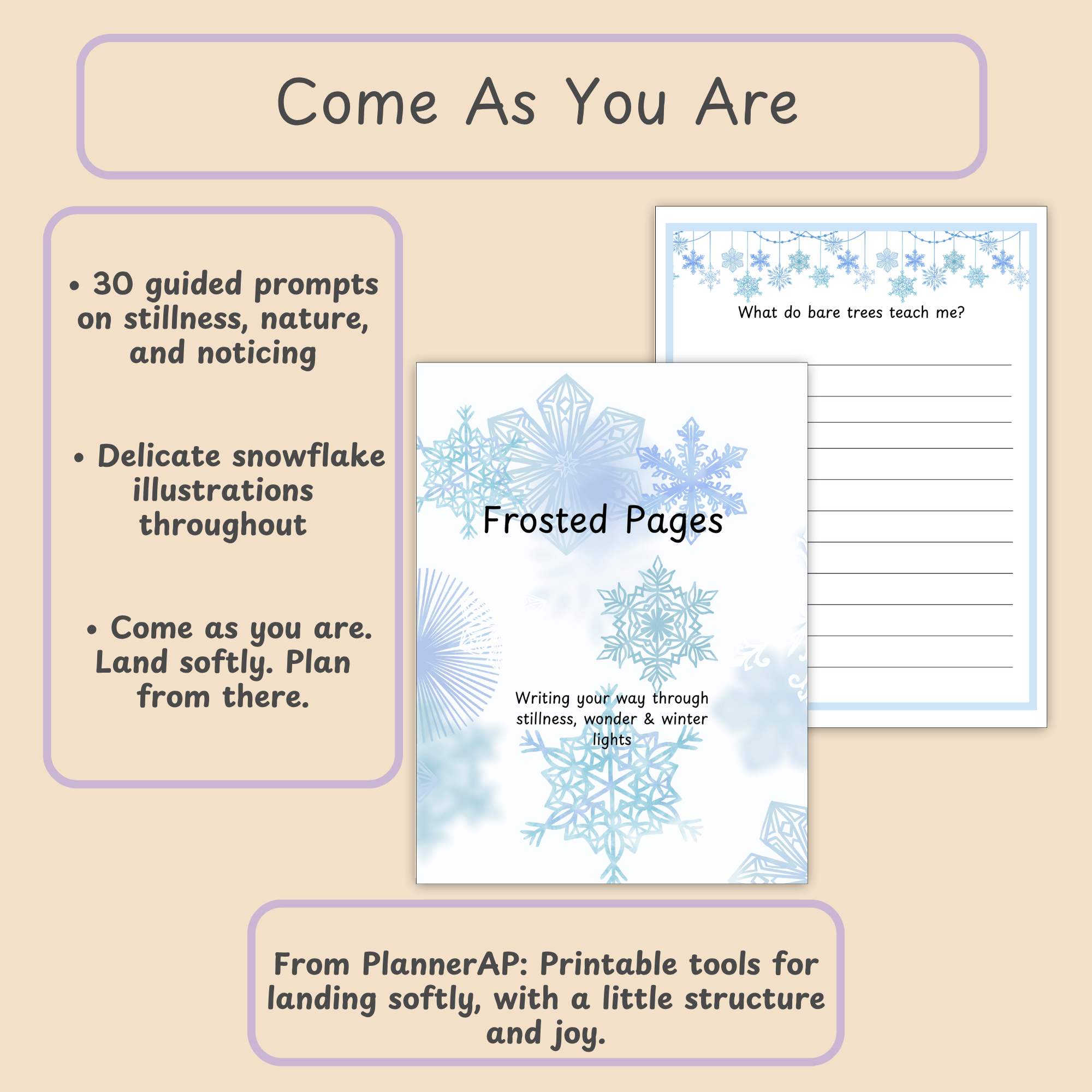 Come As You Are: Closing brand slide with the PlannerAP tagline and journal summary bullets.